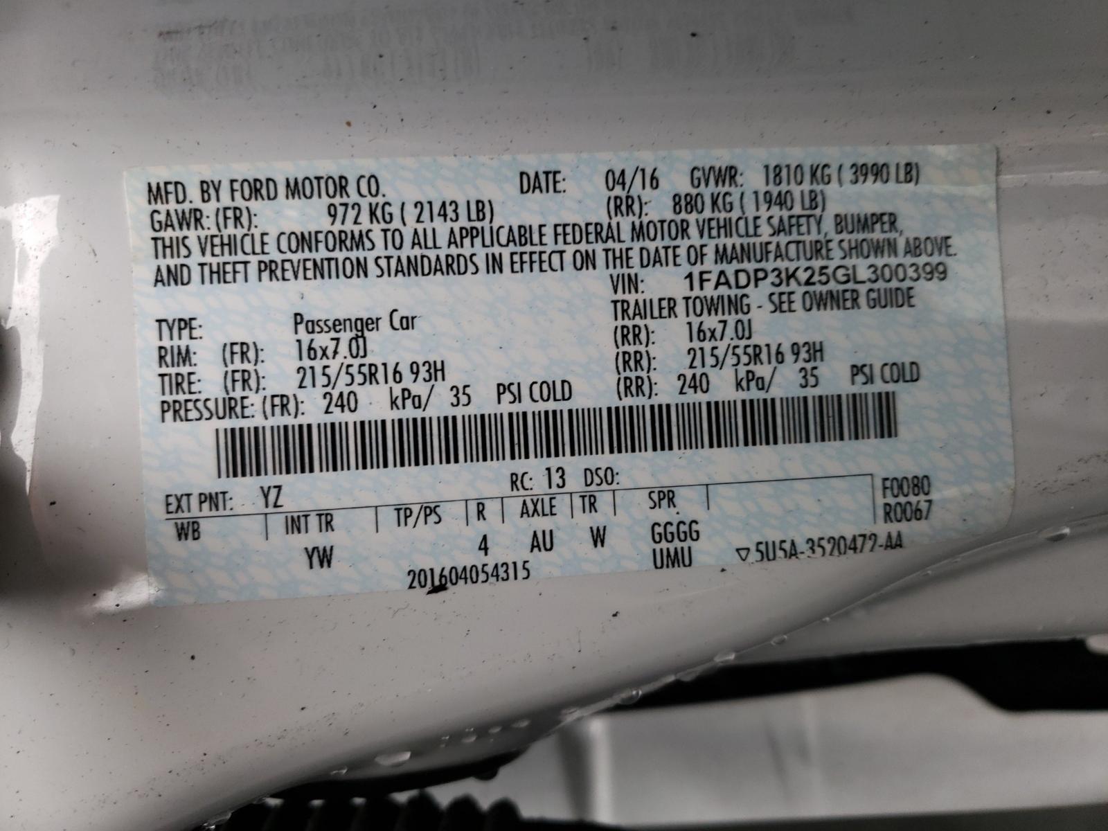 Photo 10 from auction – 2016 FORD FOCUS SE with VIN 1FADP3K25GL300399