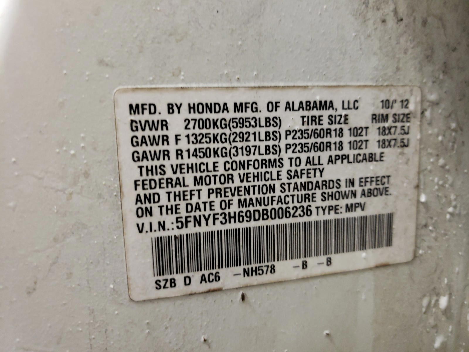 Photo 10 from auction – 2013 HONDA PILOT EXL with VIN 5FNYF3H69DB006236