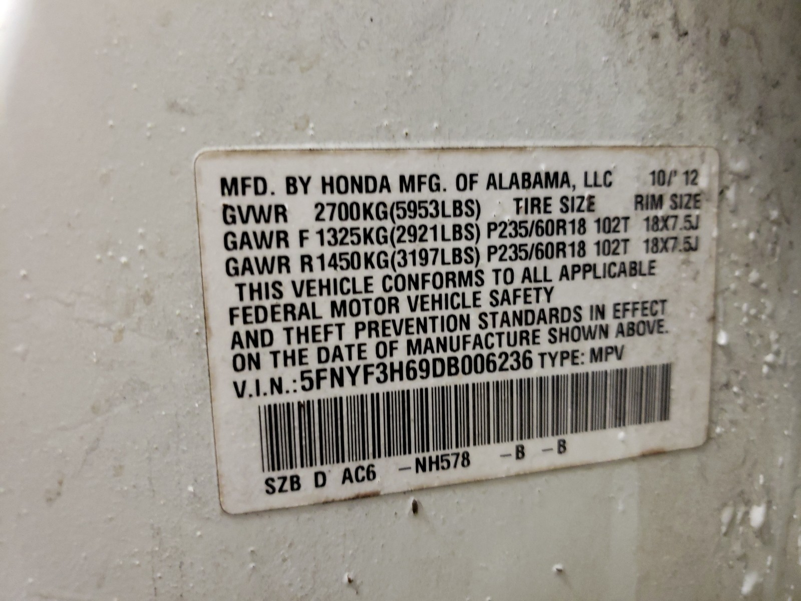 Фото 10 с аукциона – 2013 HONDA PILOT EXL с VIN 5FNYF3H69DB006236
