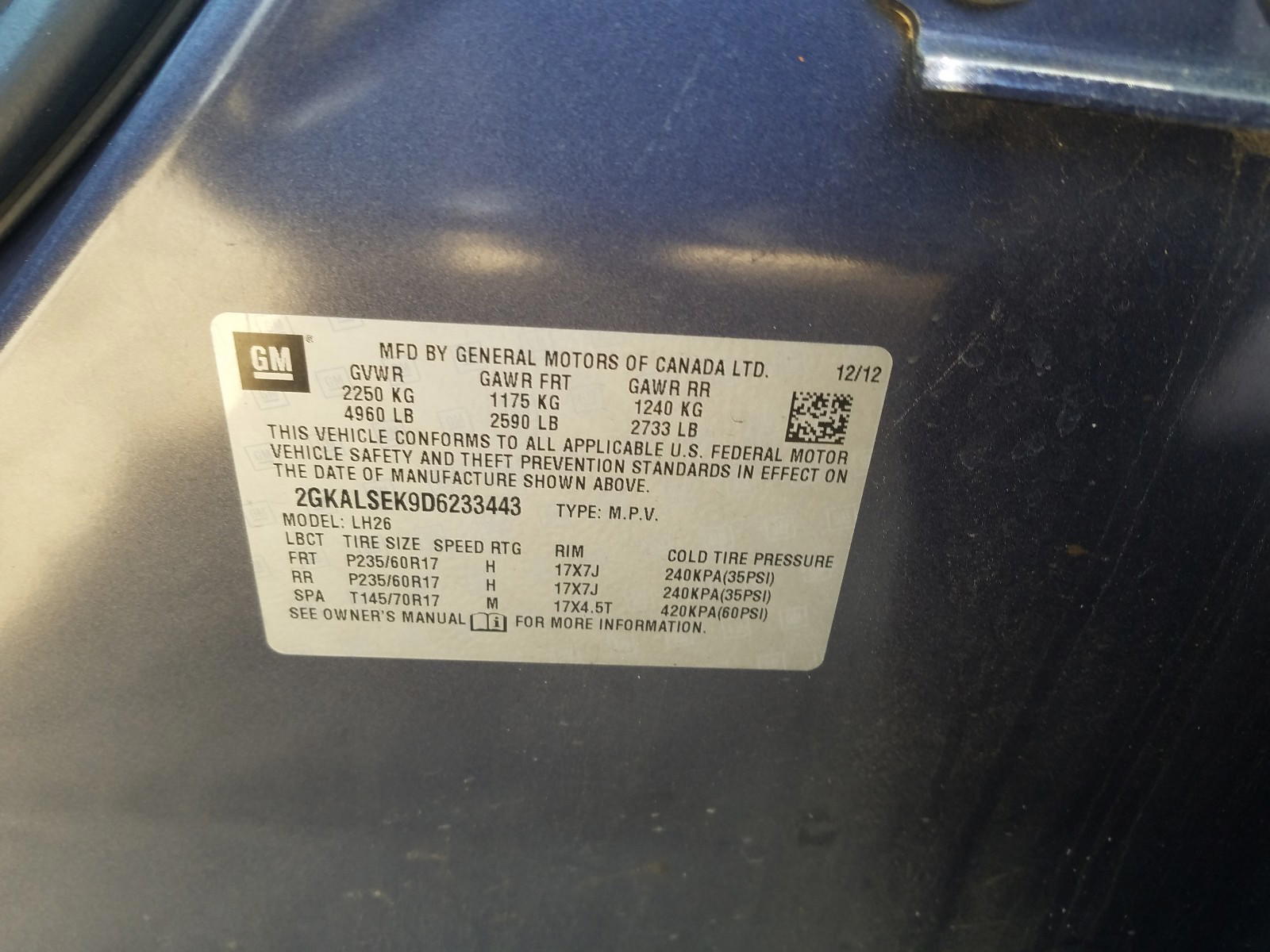 Photo 10 from auction – 2013 GMC TERRAIN SL with VIN 2GKALSEK9D6233443
