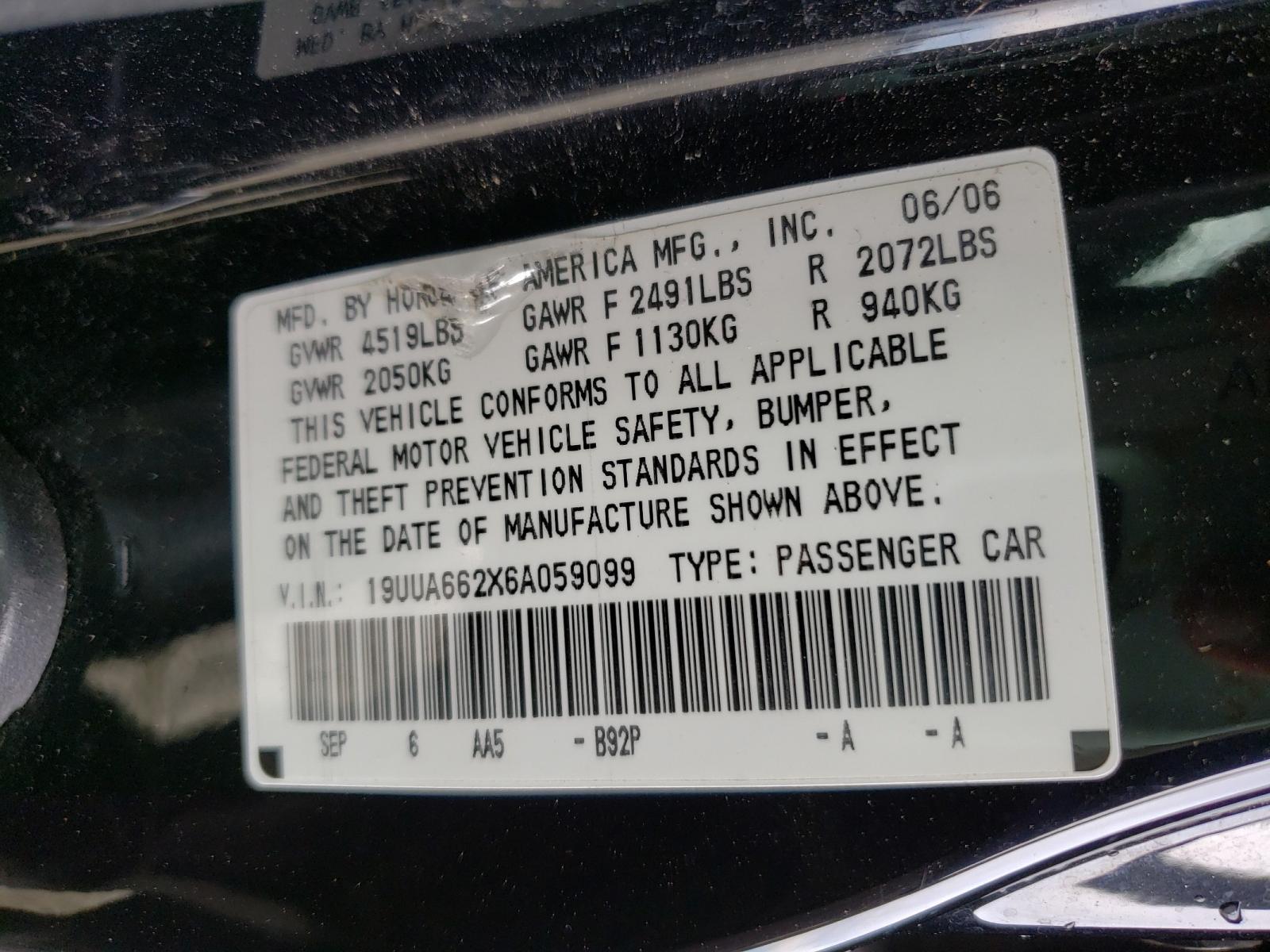 Photo 10 from auction – 2006 ACURA 3.2TL with VIN 19UUA662X6A059099