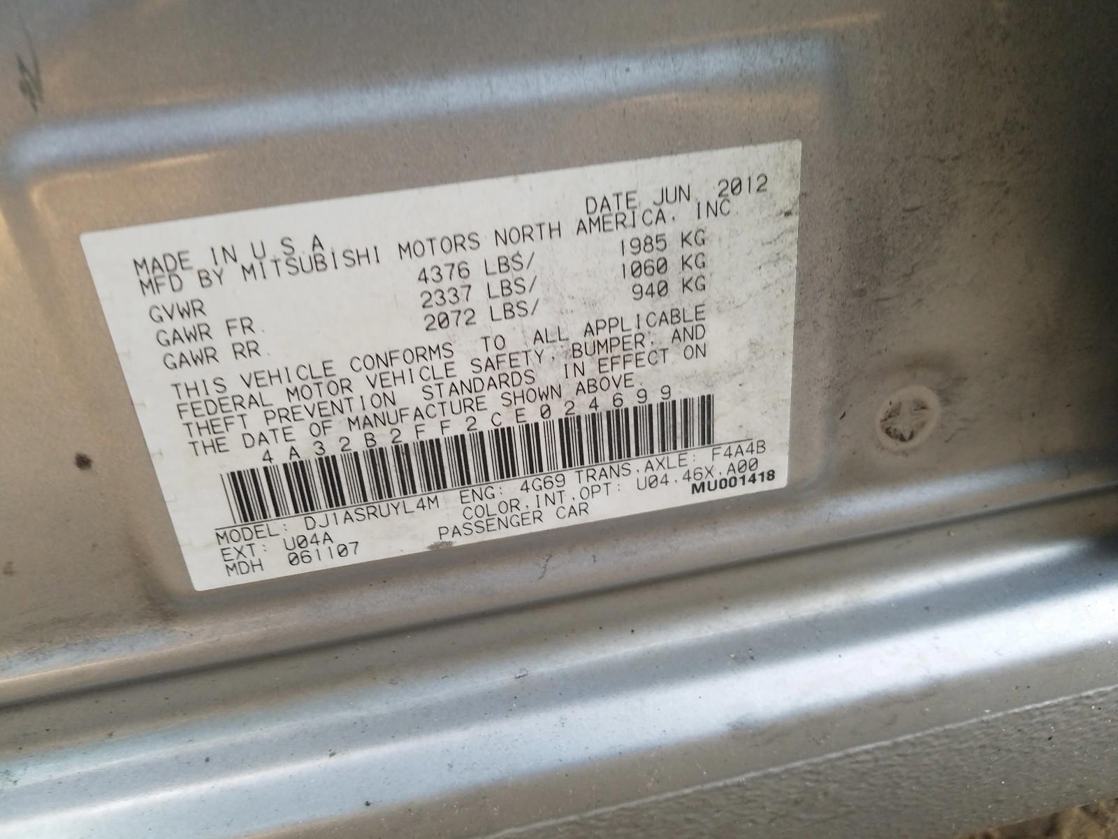 Photo 10 from auction – 2012 MITSUBISHI GALANT FE with VIN 4A32B2FF2CE024699
