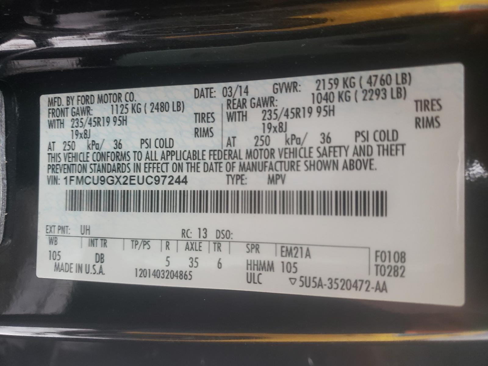 Photo 10 from auction – 2014 FORD ESCAPE SE with VIN 1FMCU9GX2EUC97244