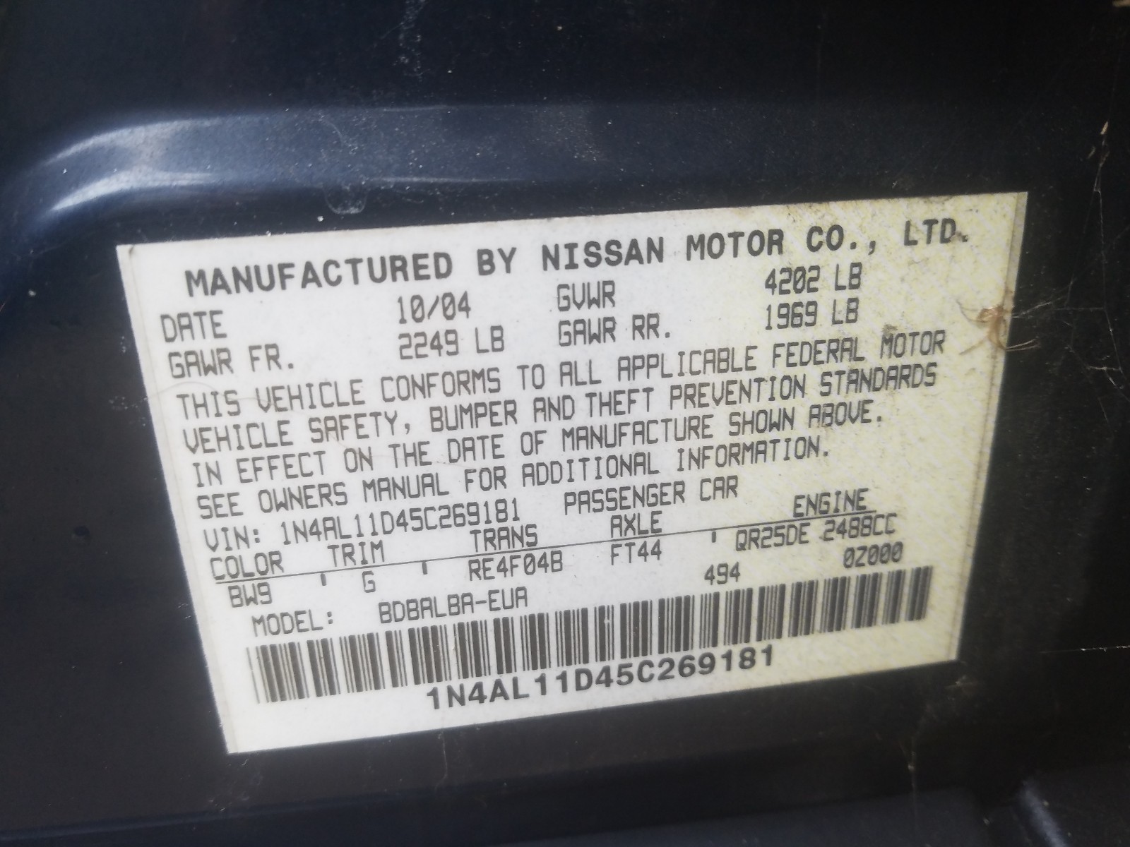 Photo 10 from auction – 2005 NISSAN ALTIMA S with VIN 1N4AL11D45C269181