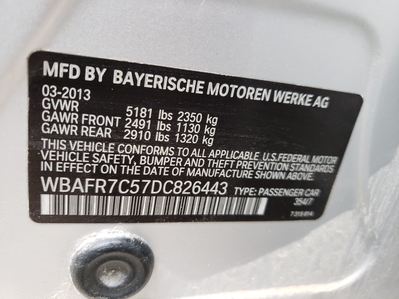 Photo 10 from auction – 2013 BMW 535 I with VIN WBAFR7C57DC826443