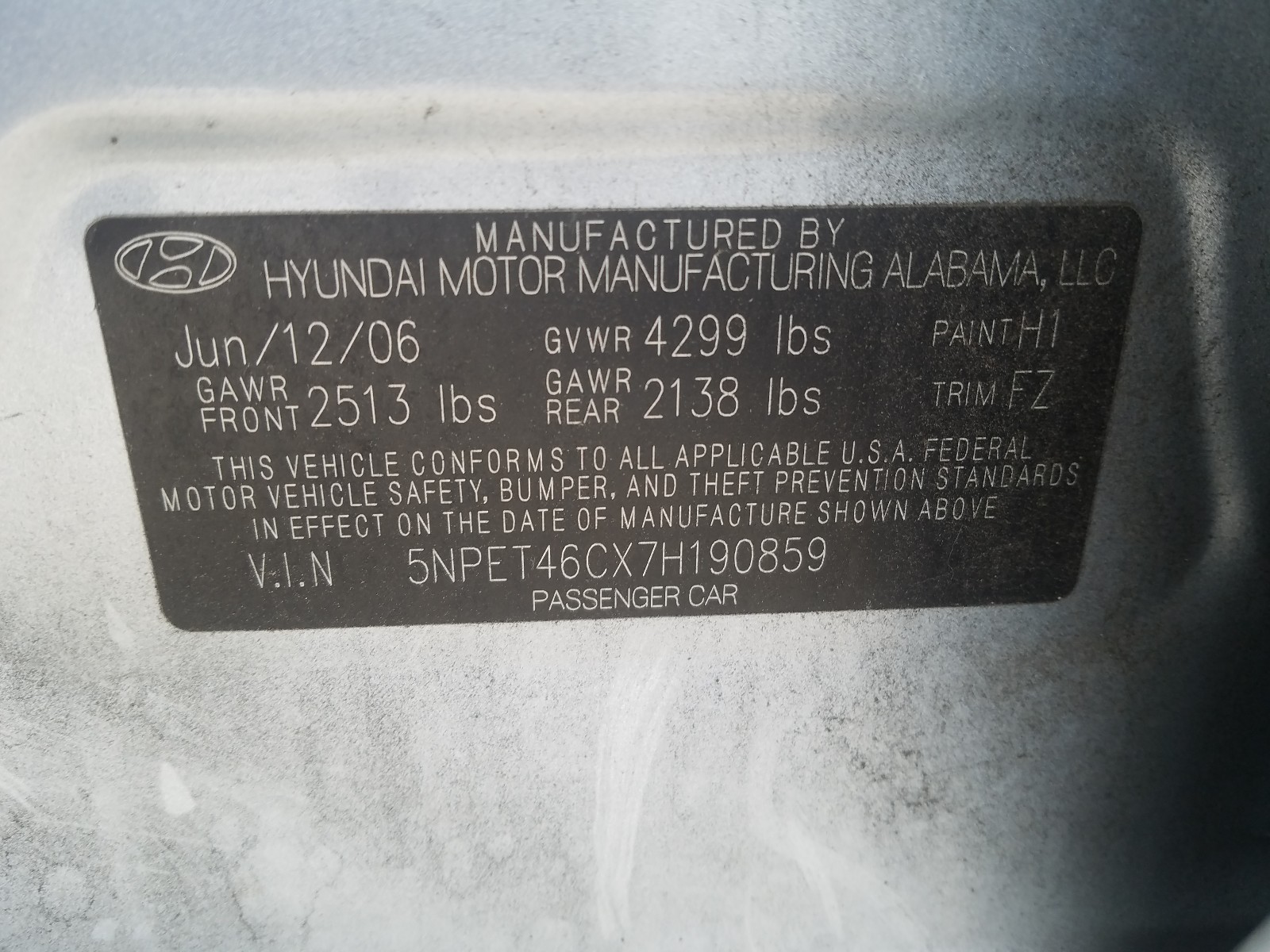 Photo 10 from auction – 2007 HYUNDAI SONATA GLS with VIN 5NPET46CX7H190859