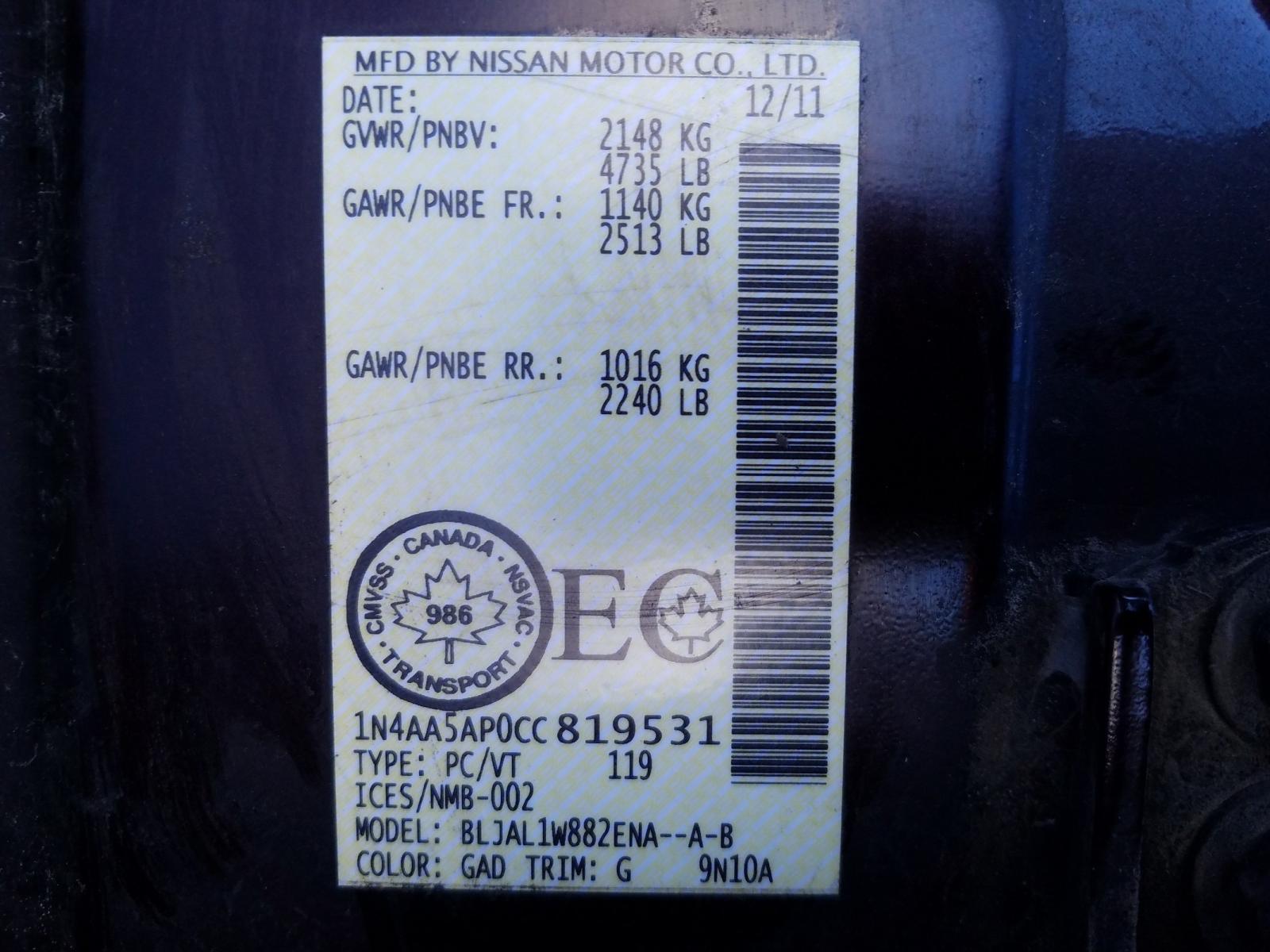Photo 10 from auction – 2012 NISSAN MAXIMA S with VIN 1N4AA5AP0CC819531