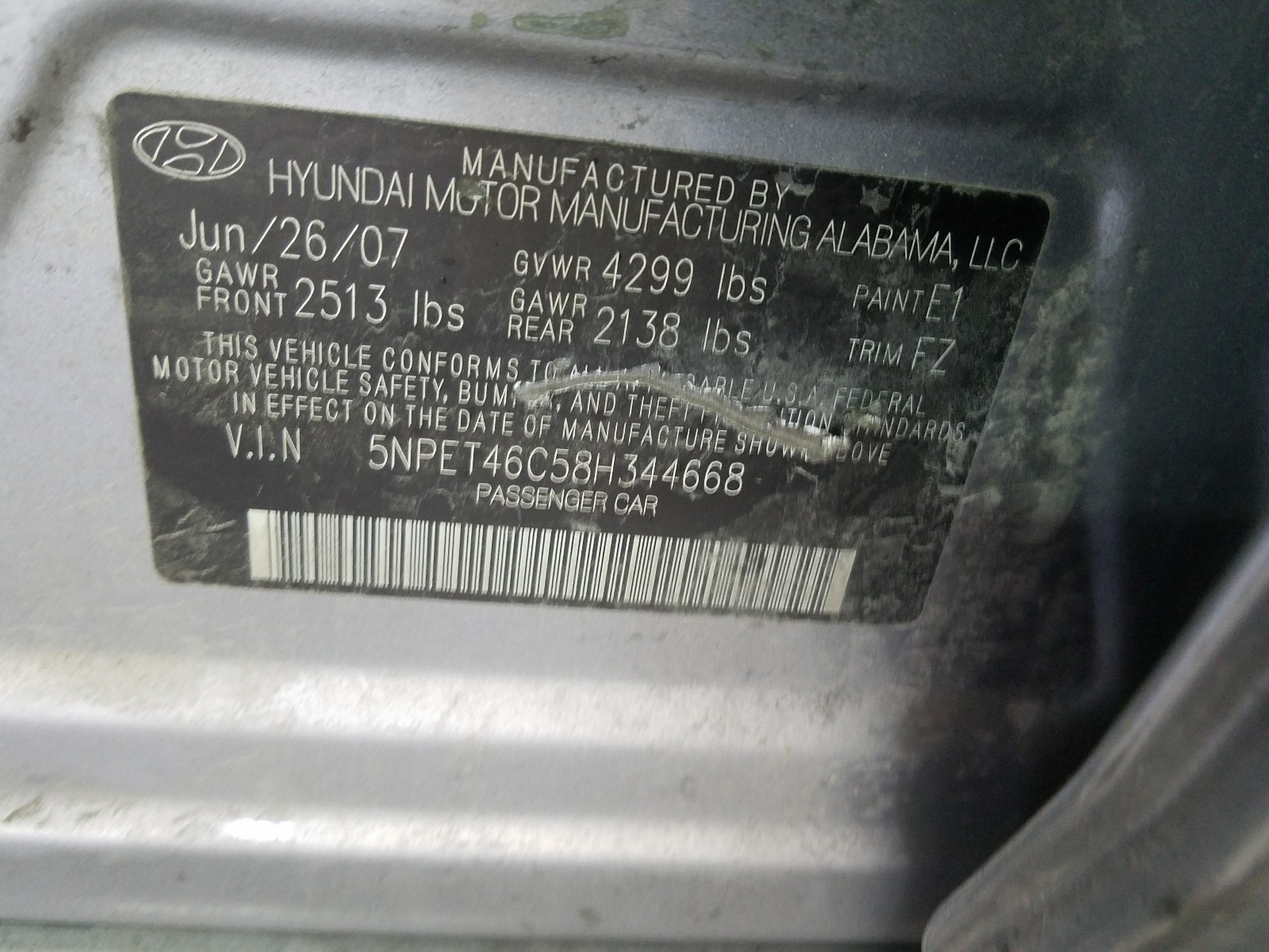 Photo 10 from auction – 2008 HYUNDAI SONATA GLS with VIN 5NPET46C58H344668