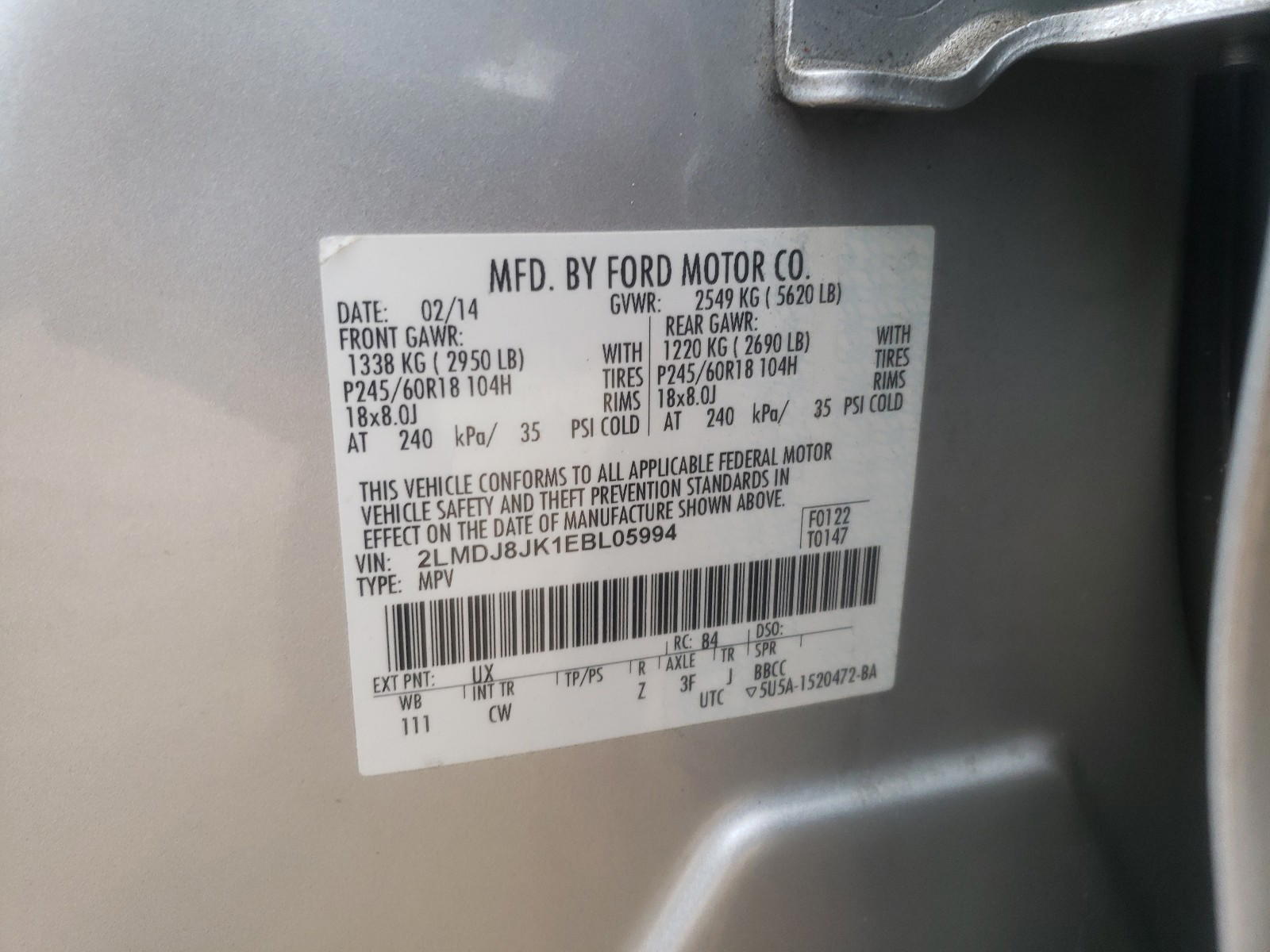 Photo 10 from auction – 2014 LINCOLN MKX with VIN 2LMDJ8JK1EBL05994