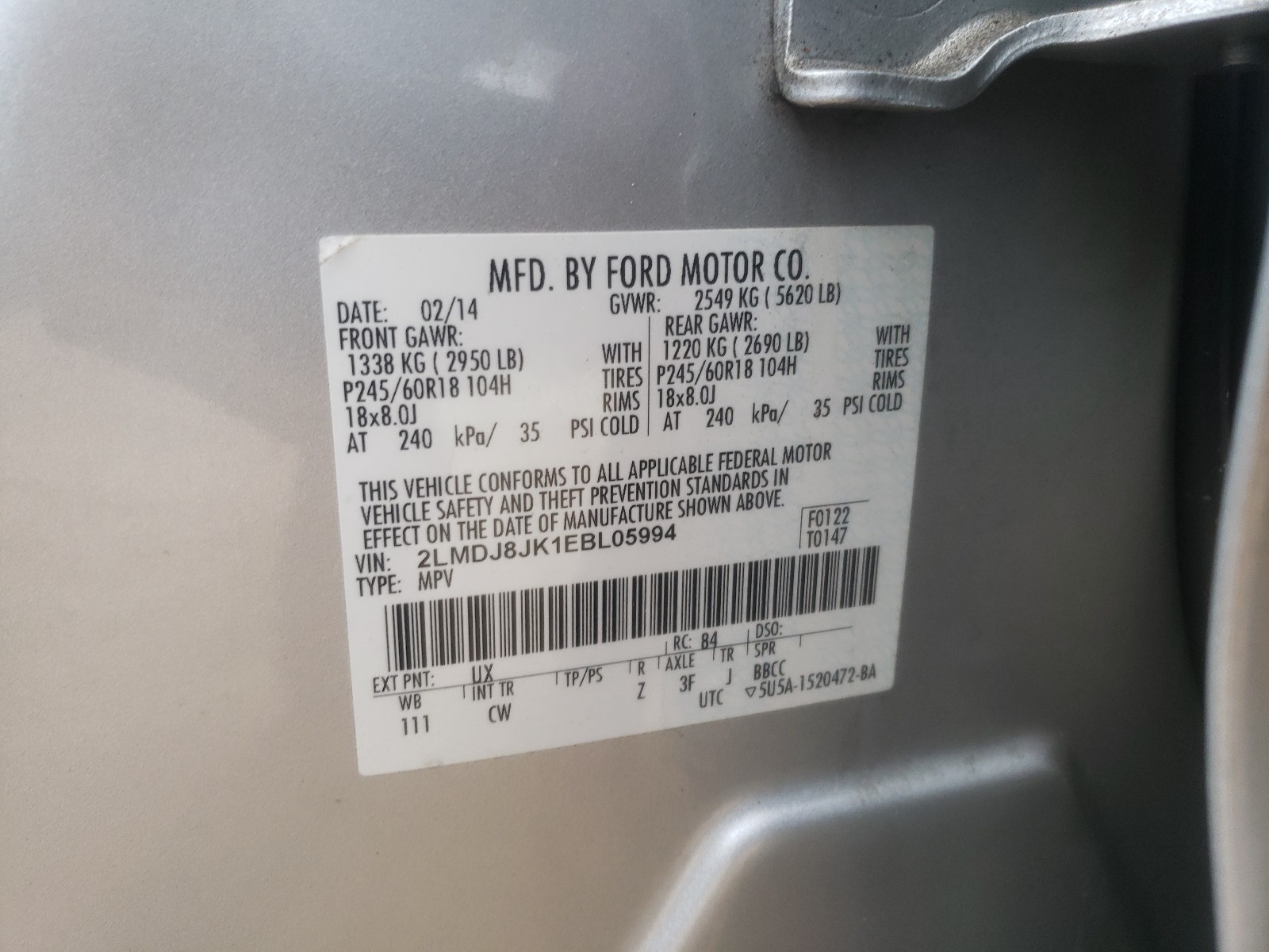 Zdjęcie 10 z aukcji – 2014 LINCOLN MKX z VIN 2LMDJ8JK1EBL05994