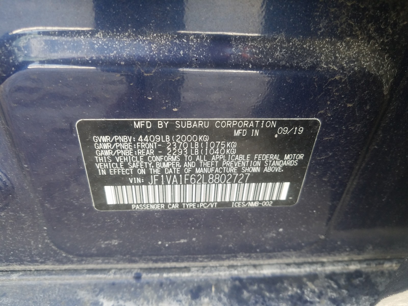 Photo 10 from auction – 2020 SUBARU WRX PREMIU with VIN JF1VA1F62L8802727