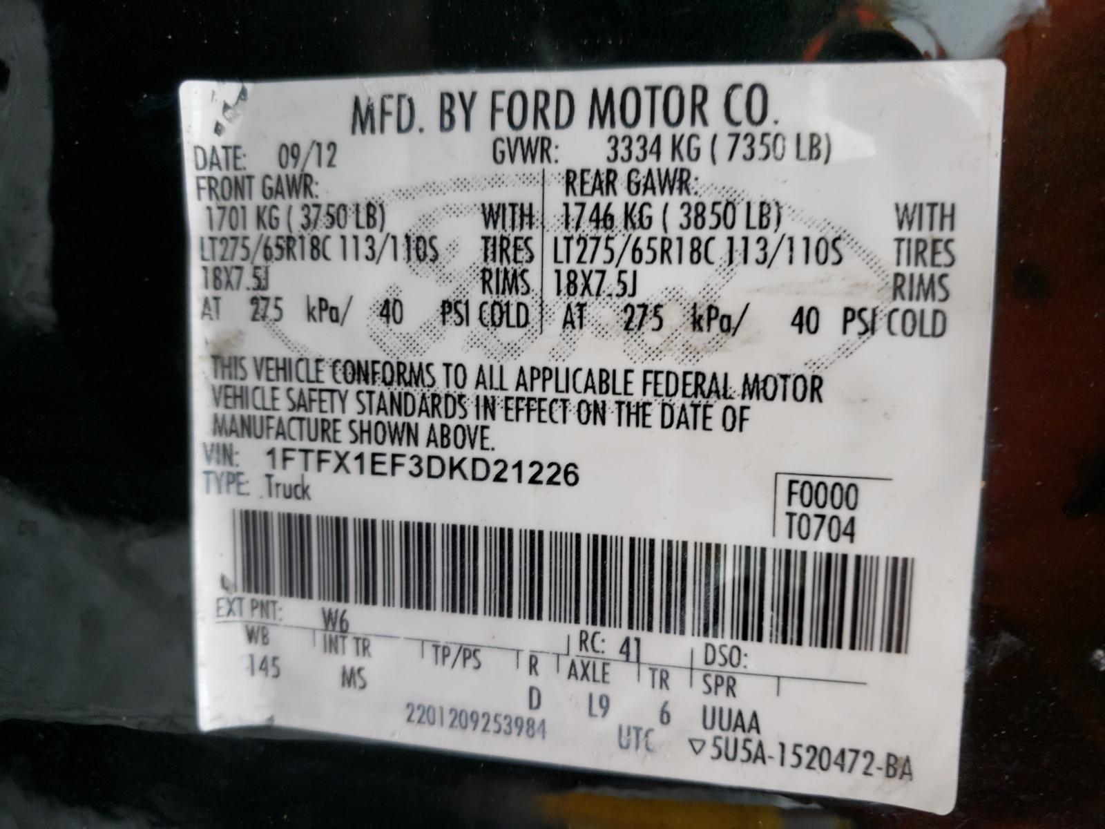 Photo 10 from auction – 2013 FORD F150 SUPER with VIN 1FTFX1EF3DKD21226