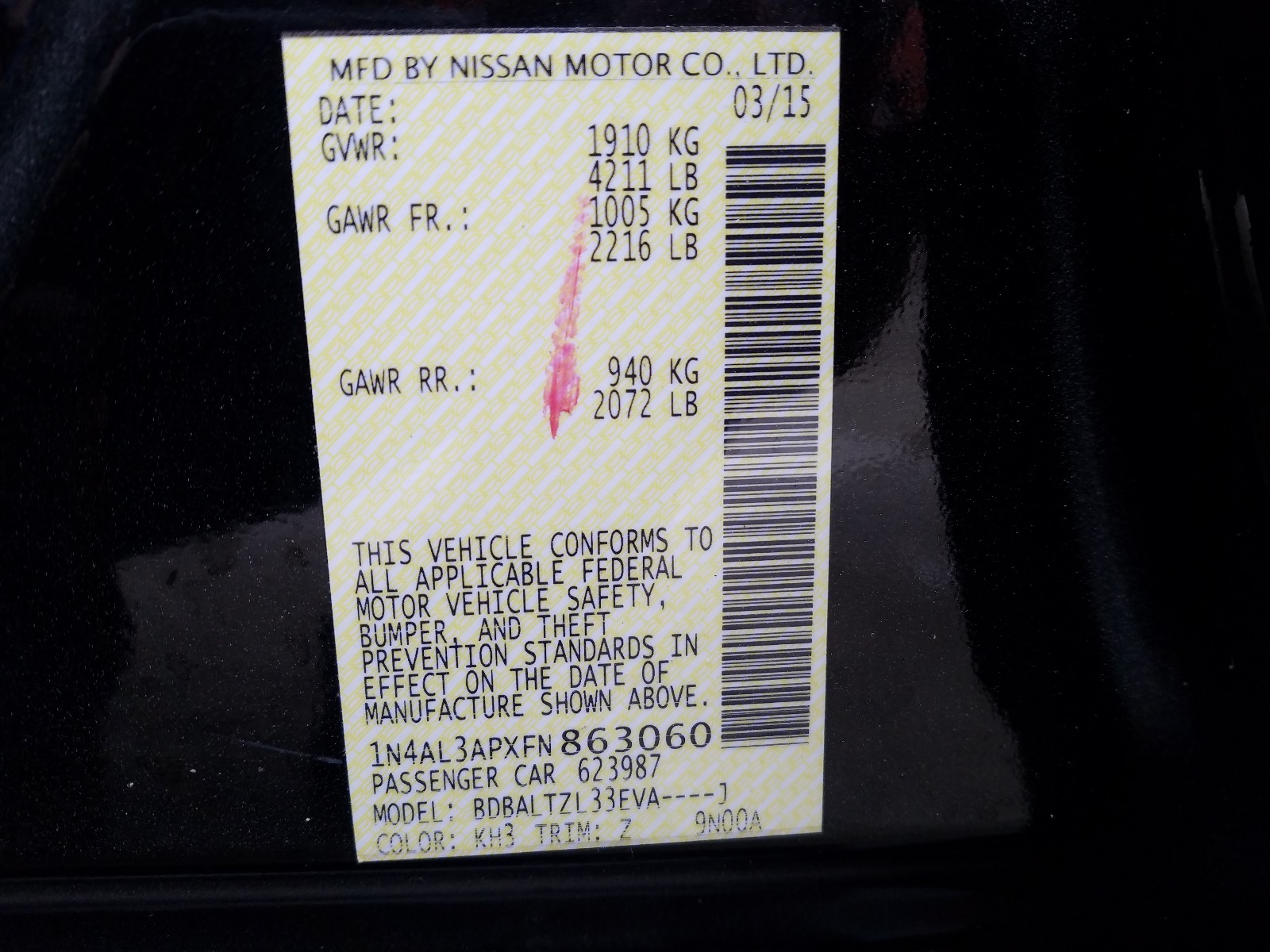 Photo 10 from auction – 2015 NISSAN ALTIMA 2.5 with VIN 1N4AL3APXFN863060