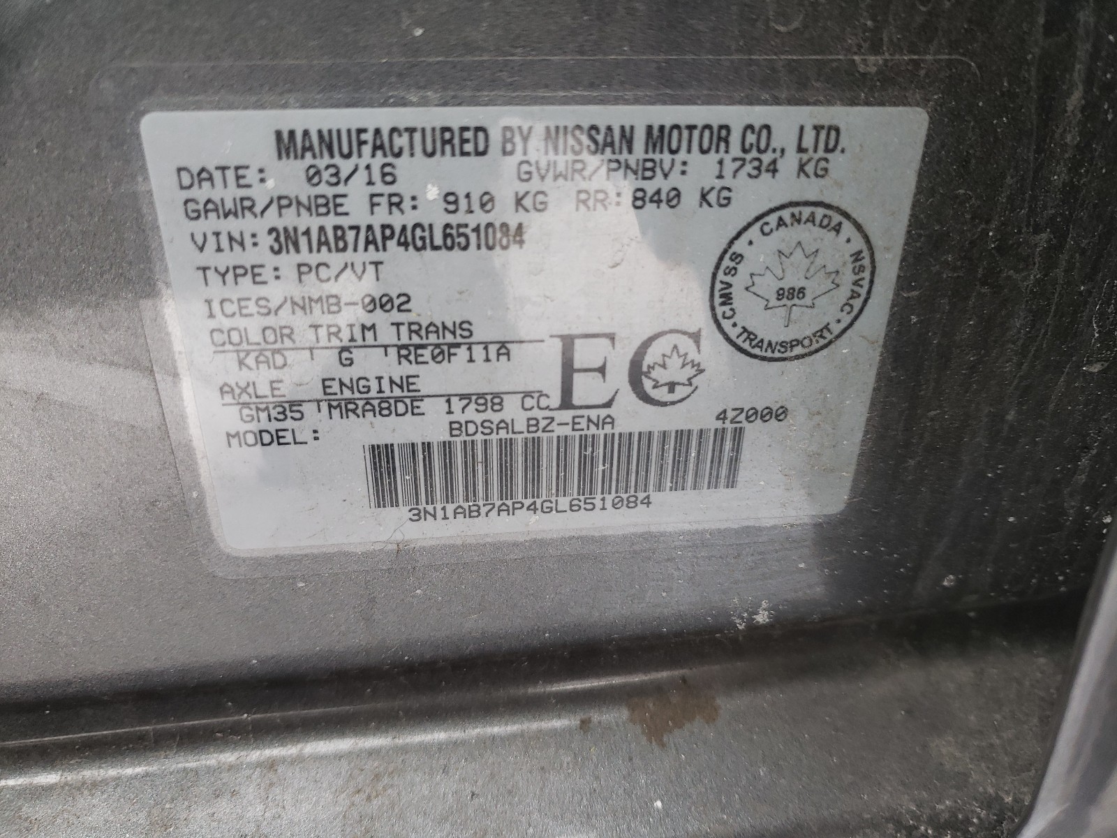Photo 10 from auction – 2016 NISSAN SENTRA S with VIN 3N1AB7AP4GL651084