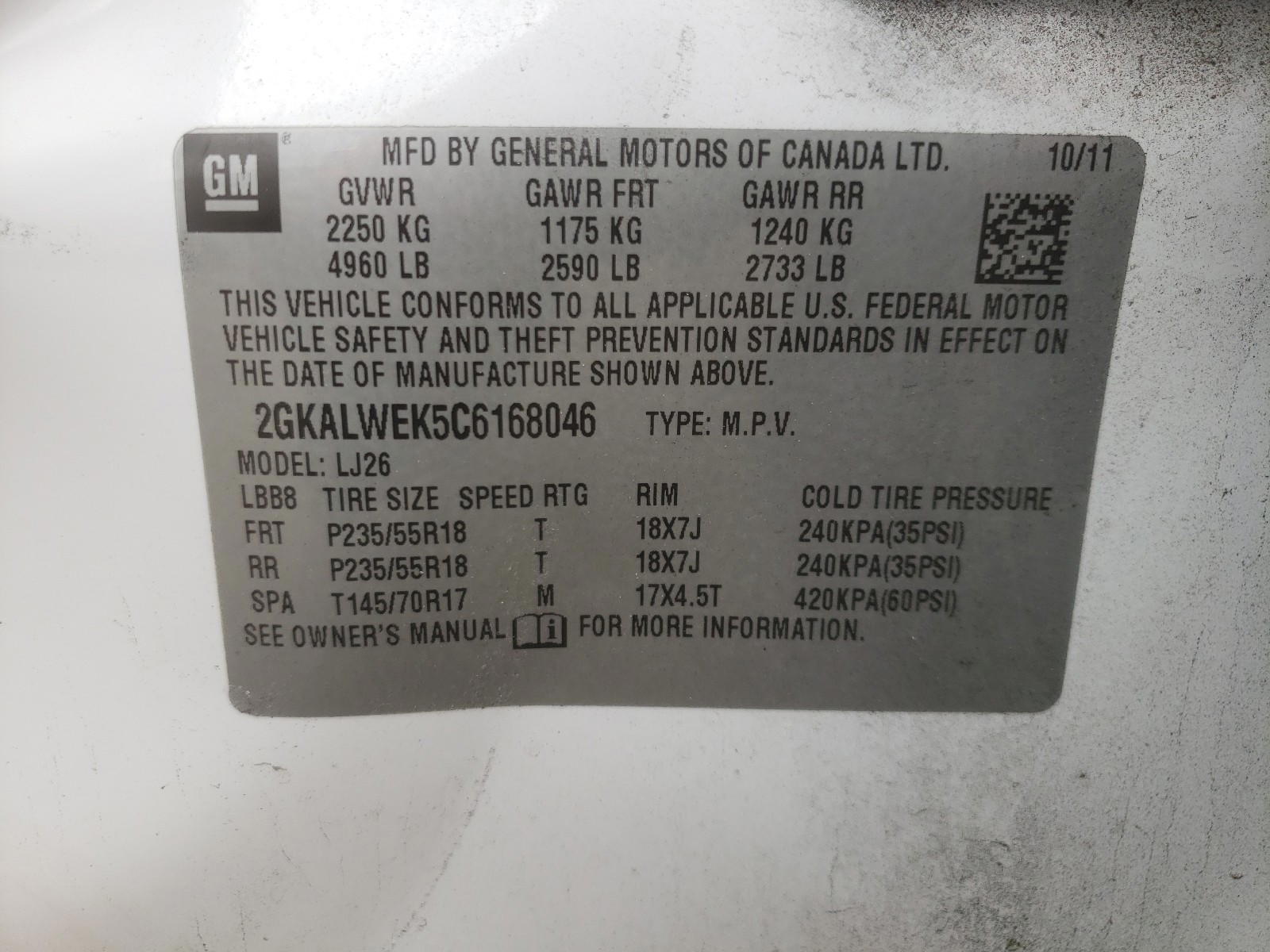 Photo 10 from auction – 2012 GMC TERRAIN SL with VIN 2GKALWEK5C6168046