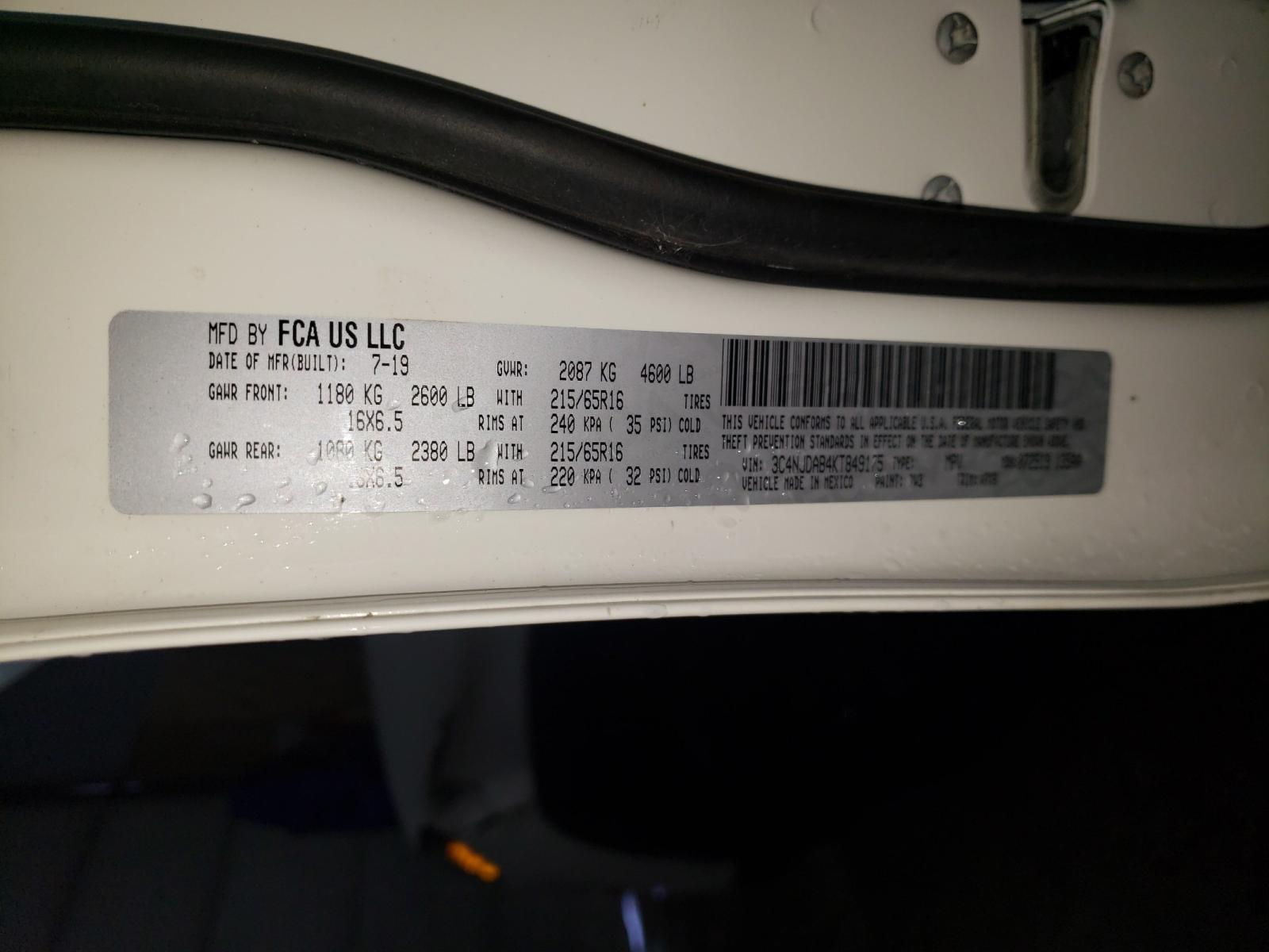 Photo 10 from auction – 2019 JEEP COMPASS SP with VIN 3C4NJDAB4KT849175