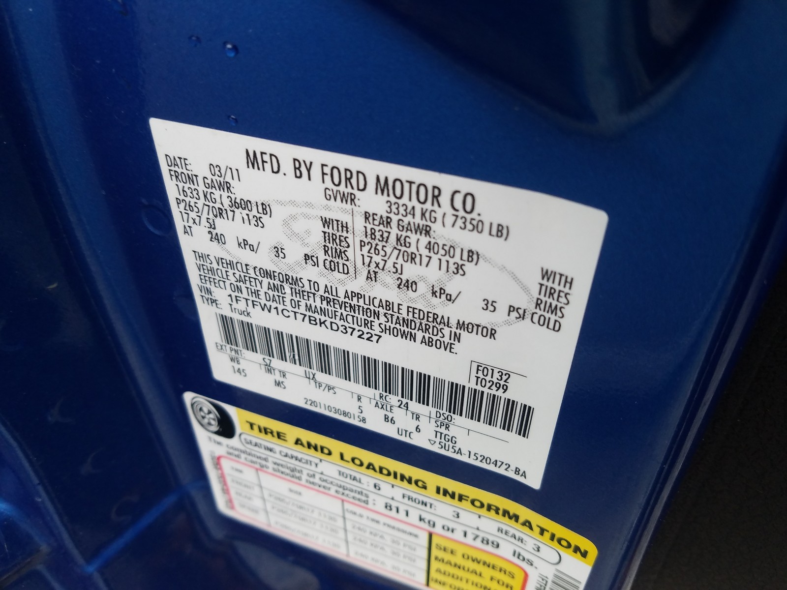 Photo 10 from auction – 2011 FORD F150 SUPER with VIN 1FTFW1CT7BKD37227