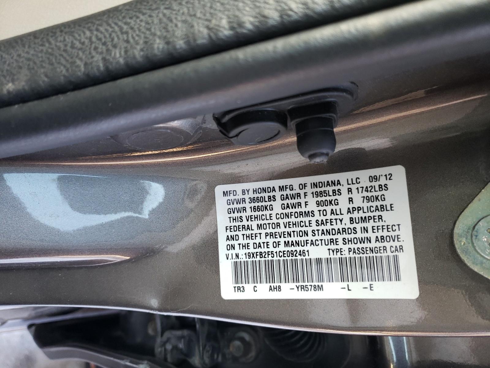Photo 10 from auction – 2012 HONDA CIVIC LX with VIN 19XFB2F51CE092461