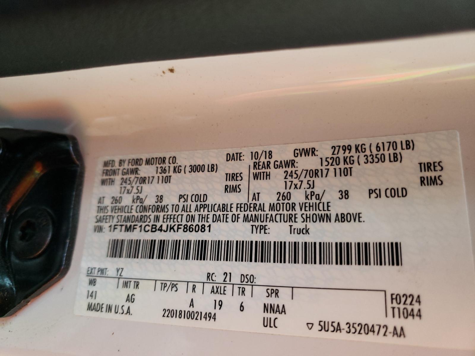 Photo 10 from auction – 2018 FORD F150 with VIN 1FTMF1CB4JKF86081