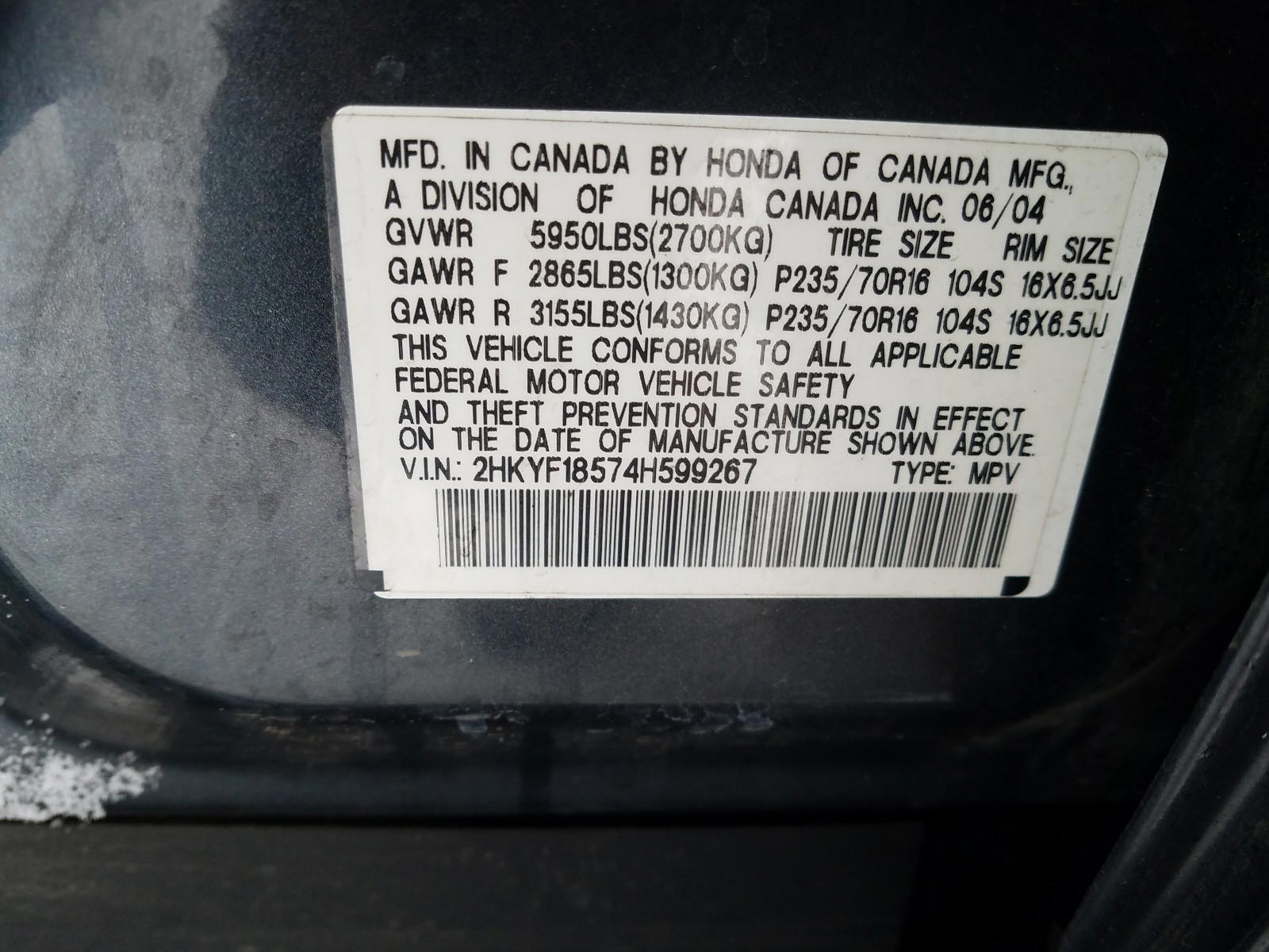 Photo 10 from auction – 2004 HONDA PILOT with VIN 2HKYF18574H599267