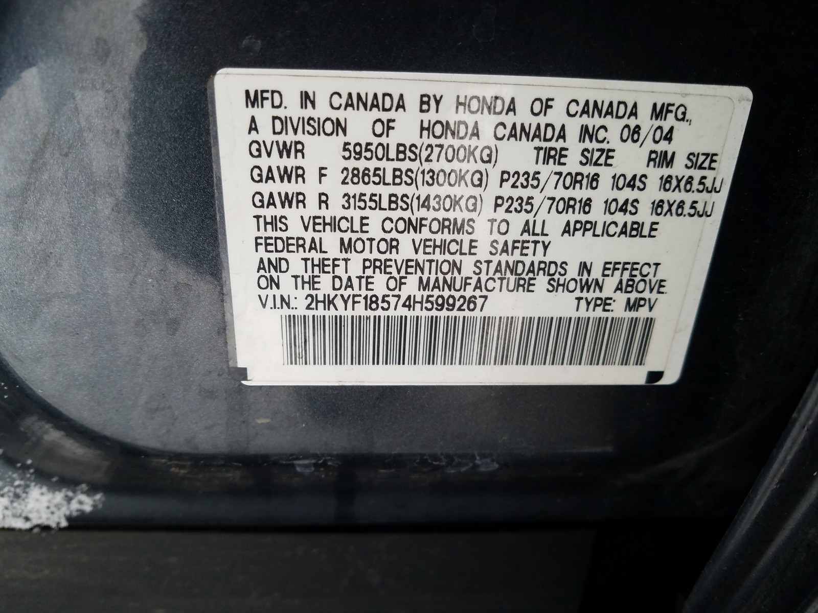 صورة رقم 10 من المزاد - 2004 HONDA PILOT مع VIN 2HKYF18574H599267