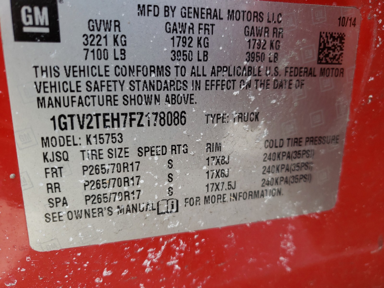 Photo 10 from auction – 2015 GMC SIERRA K15 with VIN 1GTV2TEH7FZ178086