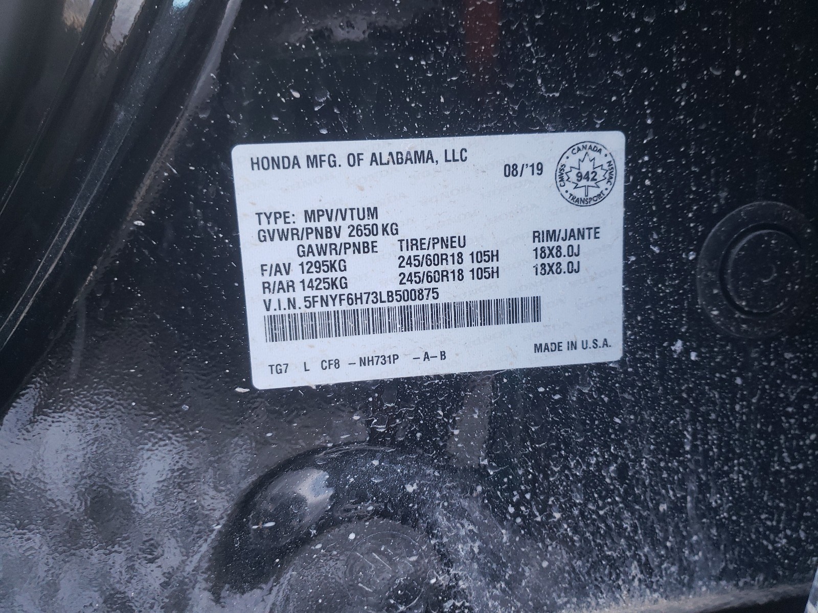 Photo 10 from auction – 2020 HONDA PILOT BLAC with VIN 5FNYF6H73LB500875