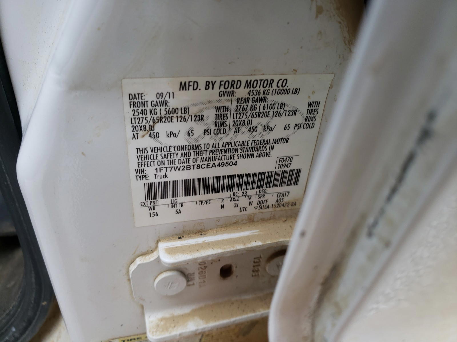 Photo 10 from auction – 2012 FORD F250 SUPER with VIN 1FT7W2BT8CEA49504