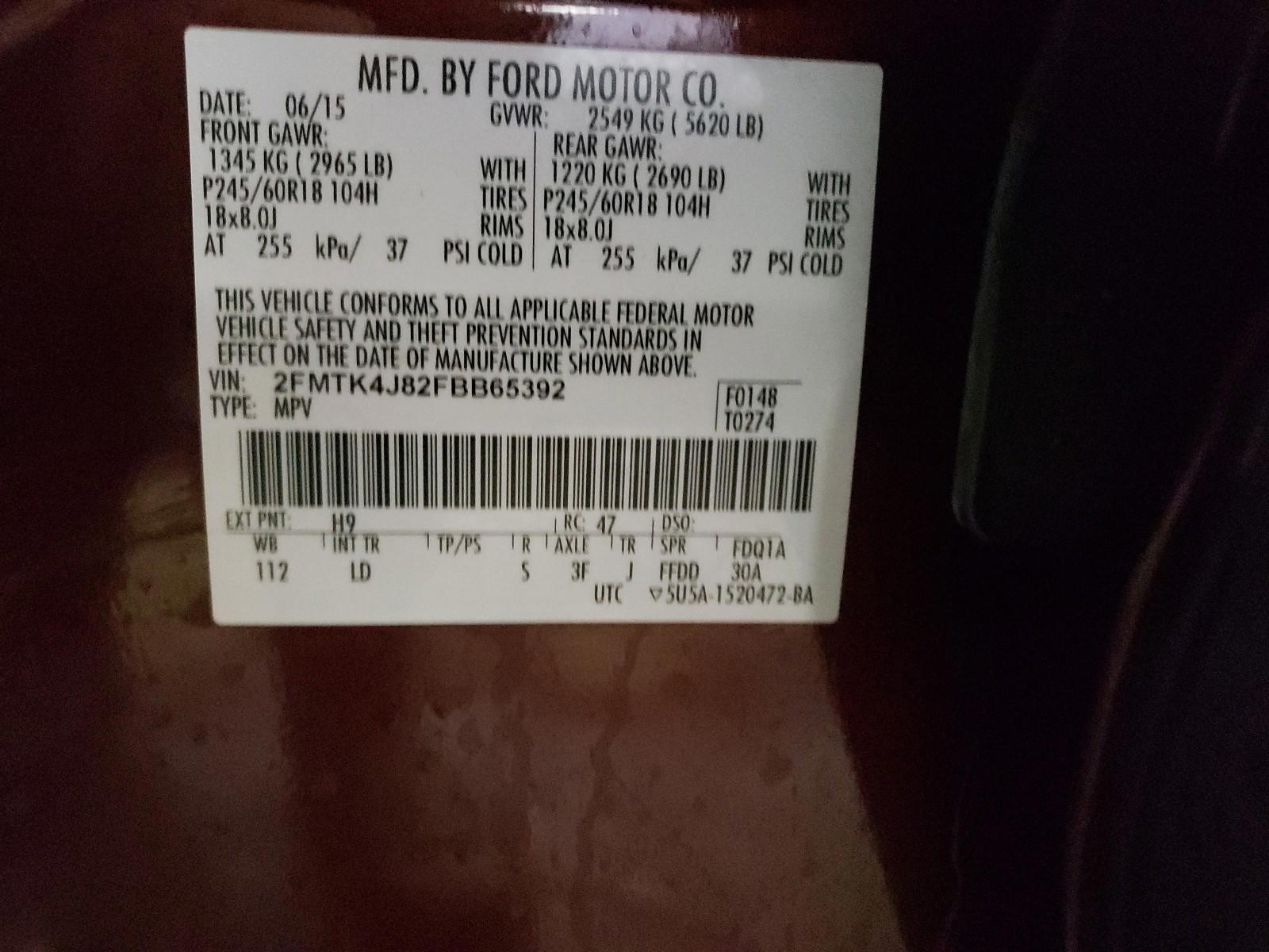Photo 10 from auction – 2015 FORD EDGE SEL with VIN 2FMTK4J82FBB65392