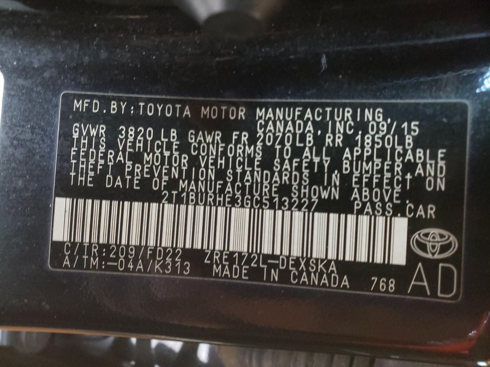 Photo 10 from auction – 2016 TOYOTA COROLLA L with VIN 2T1BURHE3GC513227