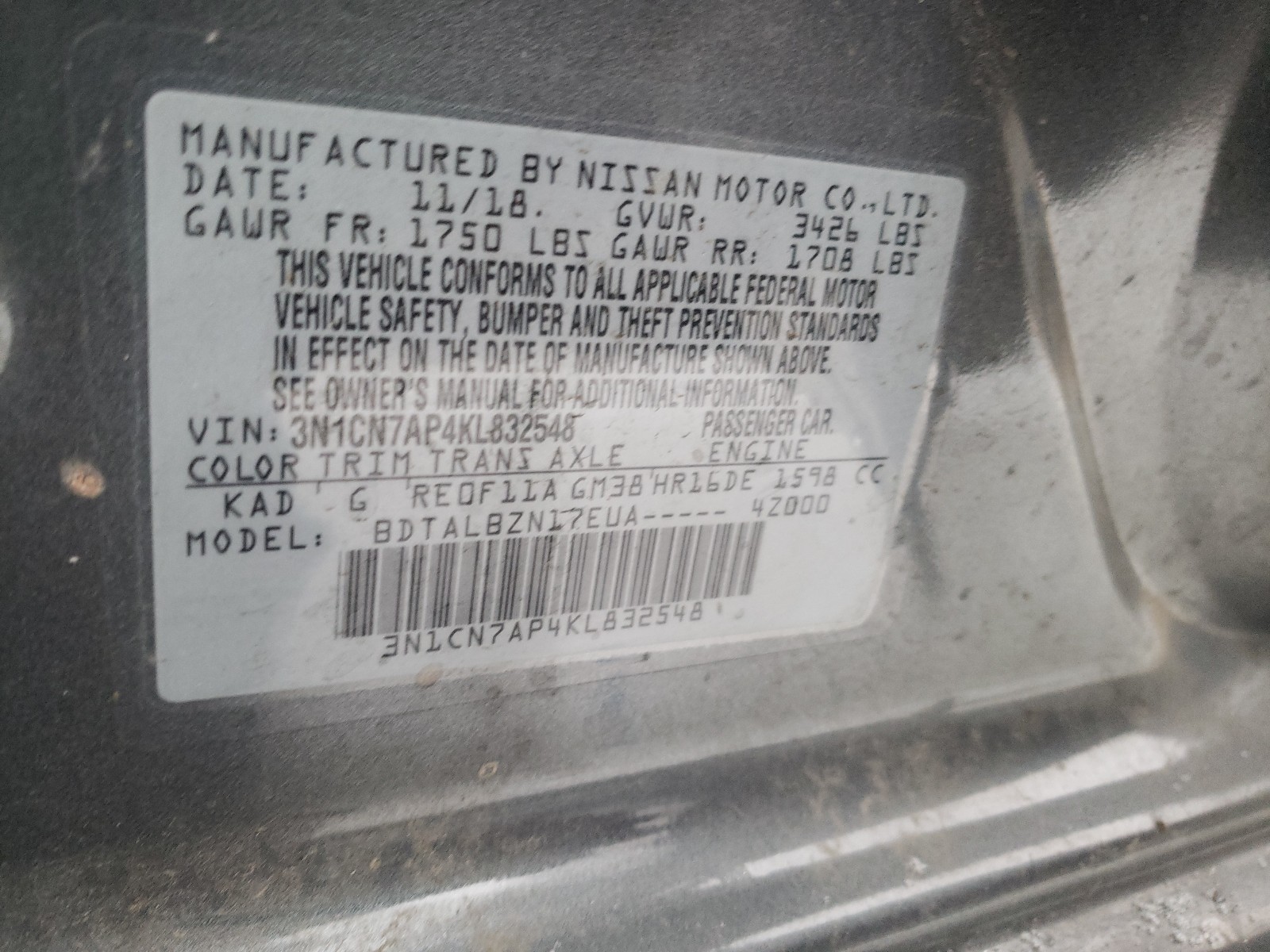 Photo 10 from auction – 2019 NISSAN VERSA S with VIN 3N1CN7AP4KL832548