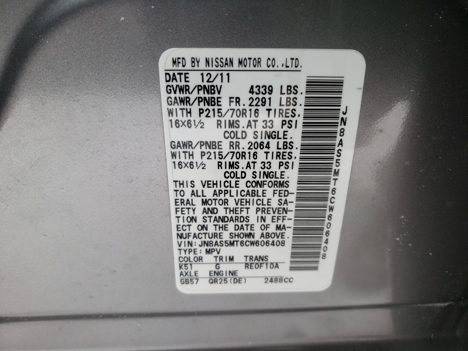 Photo 10 from auction – 2012 NISSAN ROGUE S with VIN JN8AS5MT6CW606408