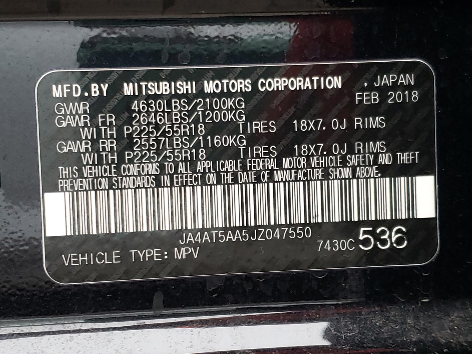 Photo 10 from auction – 2018 MITSUBISHI ECLIPSE CR with VIN JA4AT5AA5JZ047550
