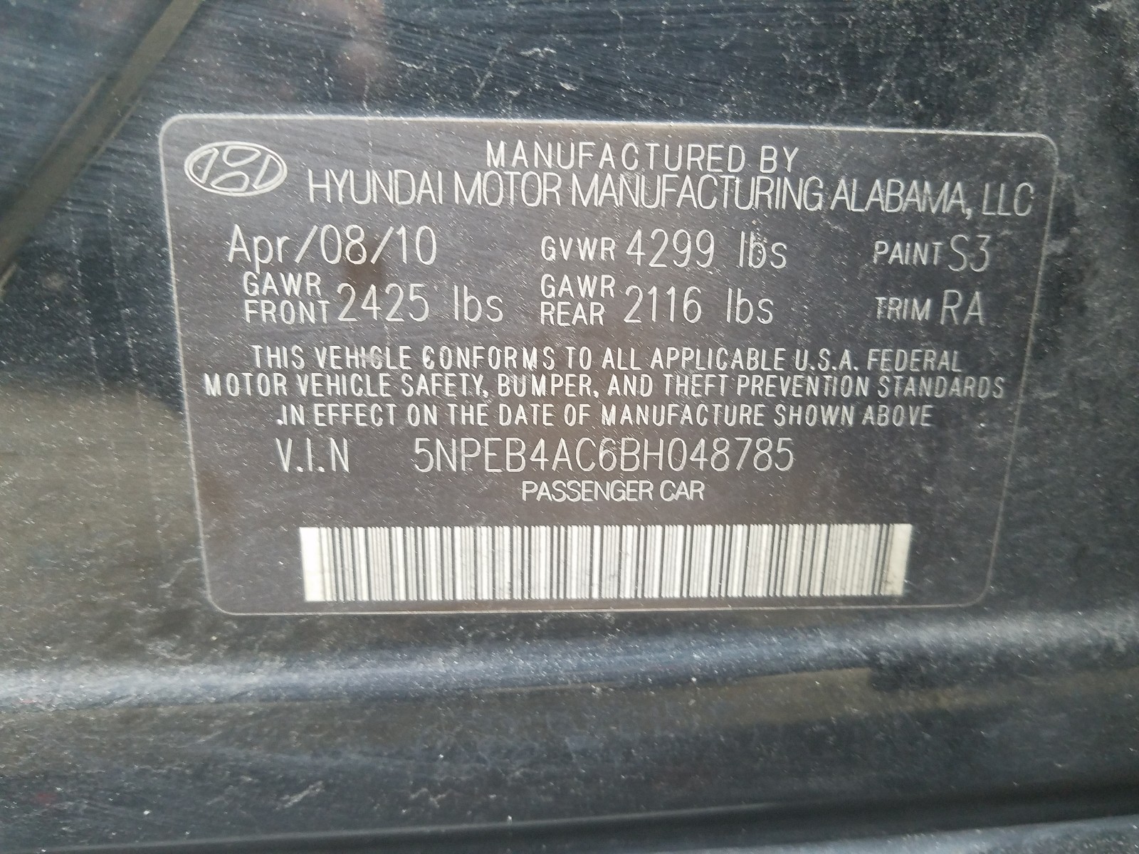Photo 10 from auction – 2011 HYUNDAI SONATA GLS with VIN 5NPEB4AC6BH048785