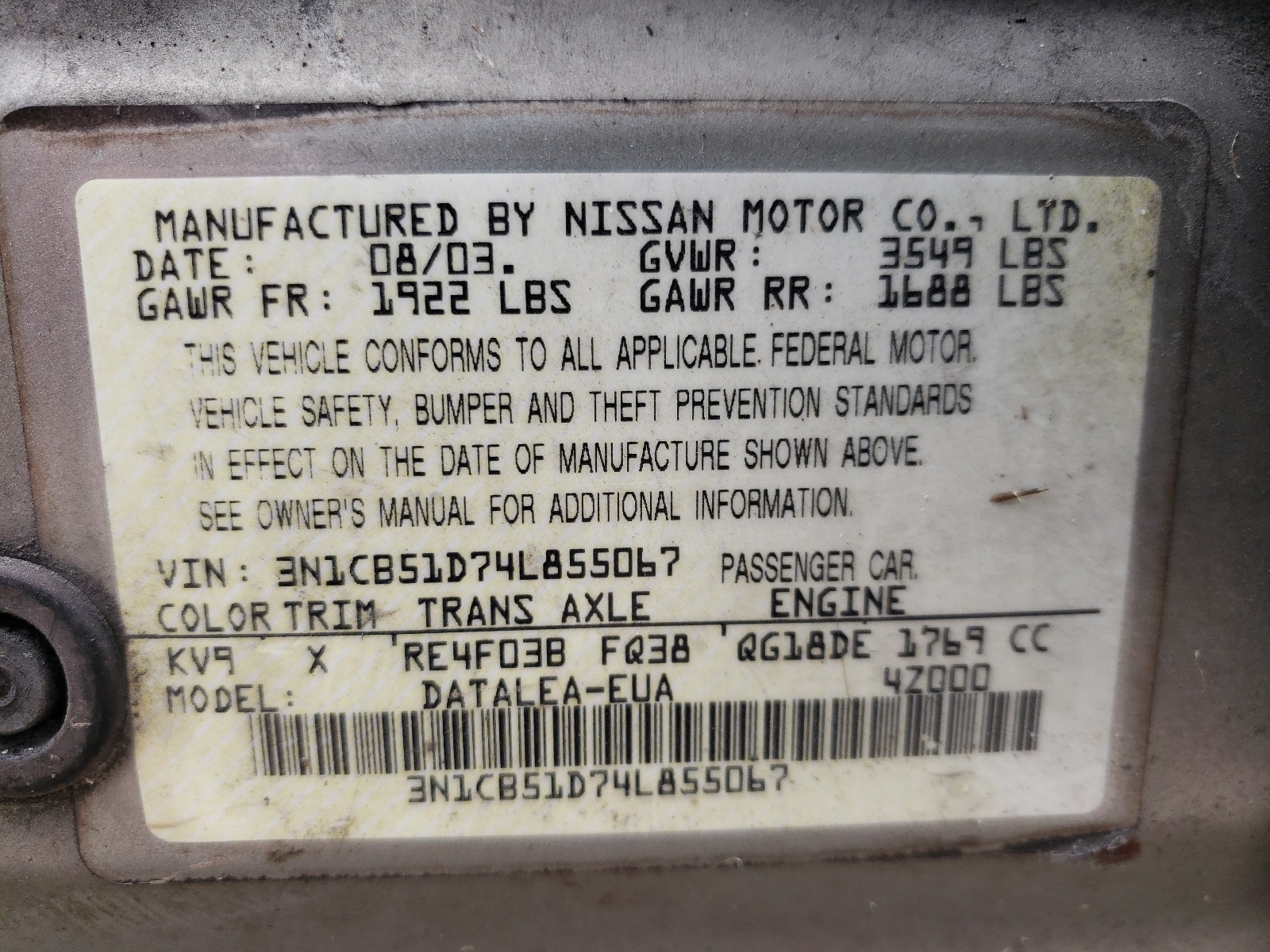 Photo 10 from auction – 2004 NISSAN SENTRA 1.8 with VIN 3N1CB51D74L855067