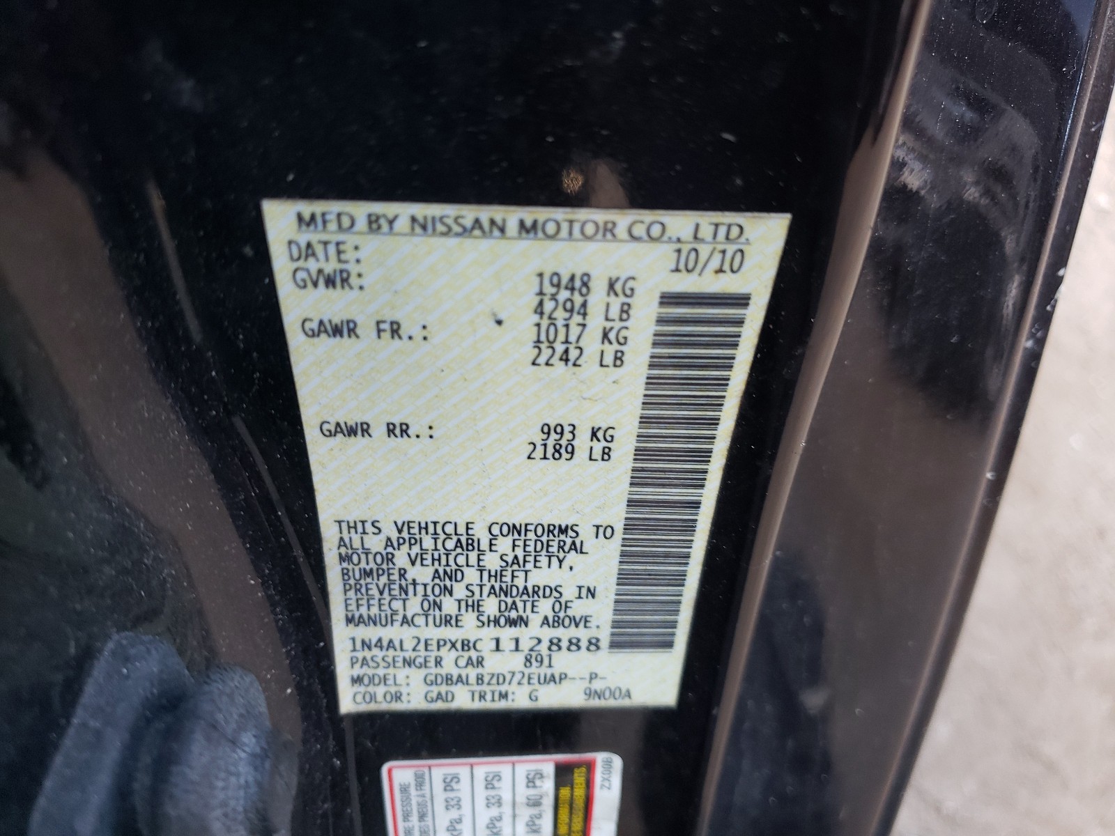 Photo 10 from auction – 2011 NISSAN ALTIMA S with VIN 1N4AL2EPXBC112888