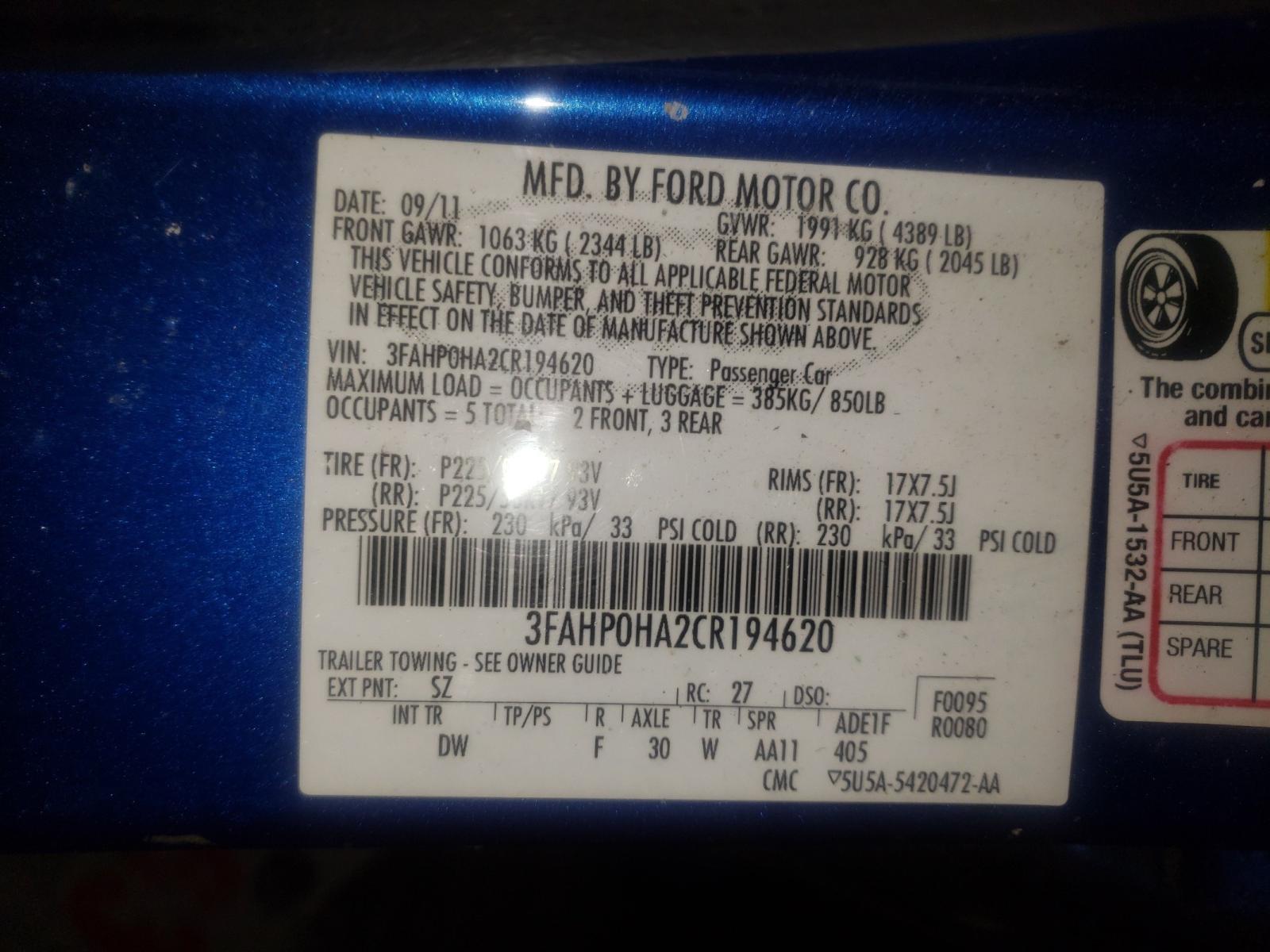 Photo 10 from auction – 2012 FORD FUSION SE with VIN 3FAHP0HA2CR194620