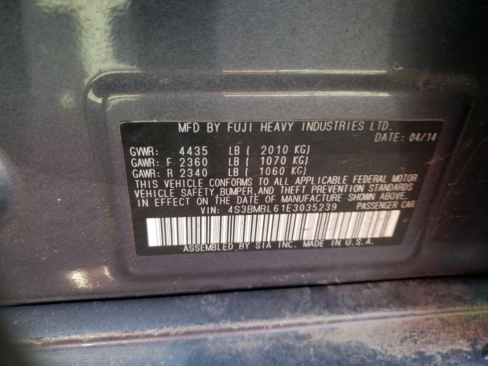 Photo 10 from auction – 2014 SUBARU LEGACY 2.5 with VIN 4S3BMBL61E3035239