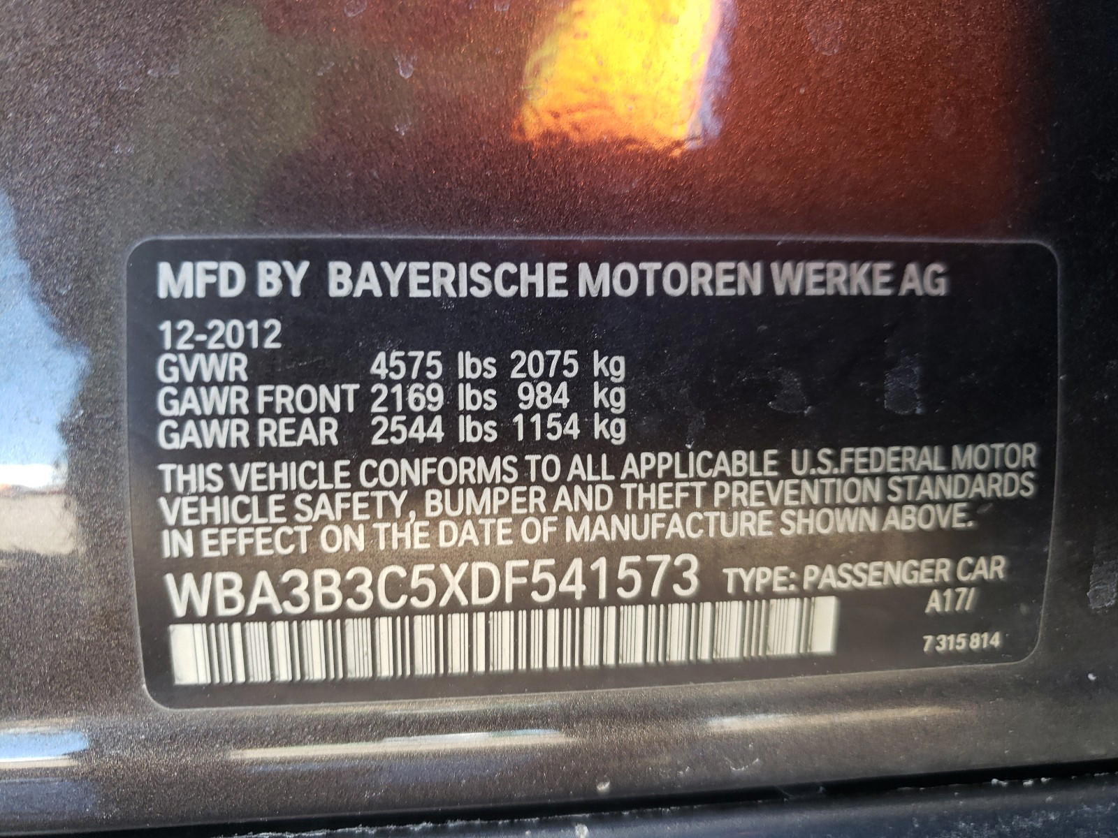 Photo 10 from auction – 2013 BMW 328 XI with VIN WBA3B3C5XDF541573