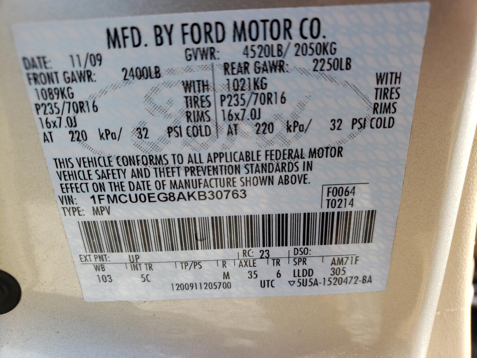 Photo 10 from auction – 2010 FORD ESCAPE LIM with VIN 1FMCU0EG8AKB30763