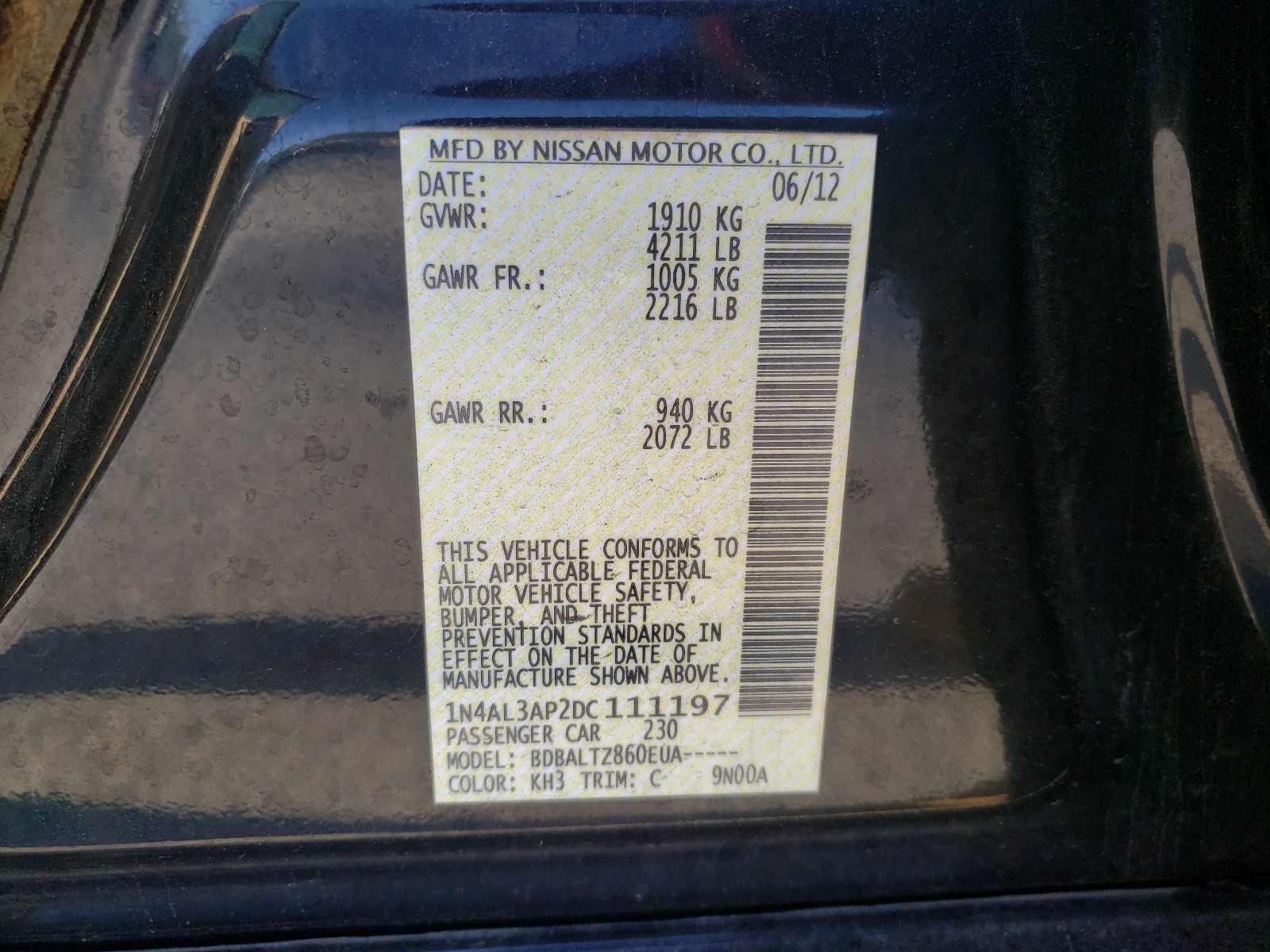 Photo 10 from auction – 2013 NISSAN ALTIMA 2.5 with VIN 1N4AL3AP2DC111197