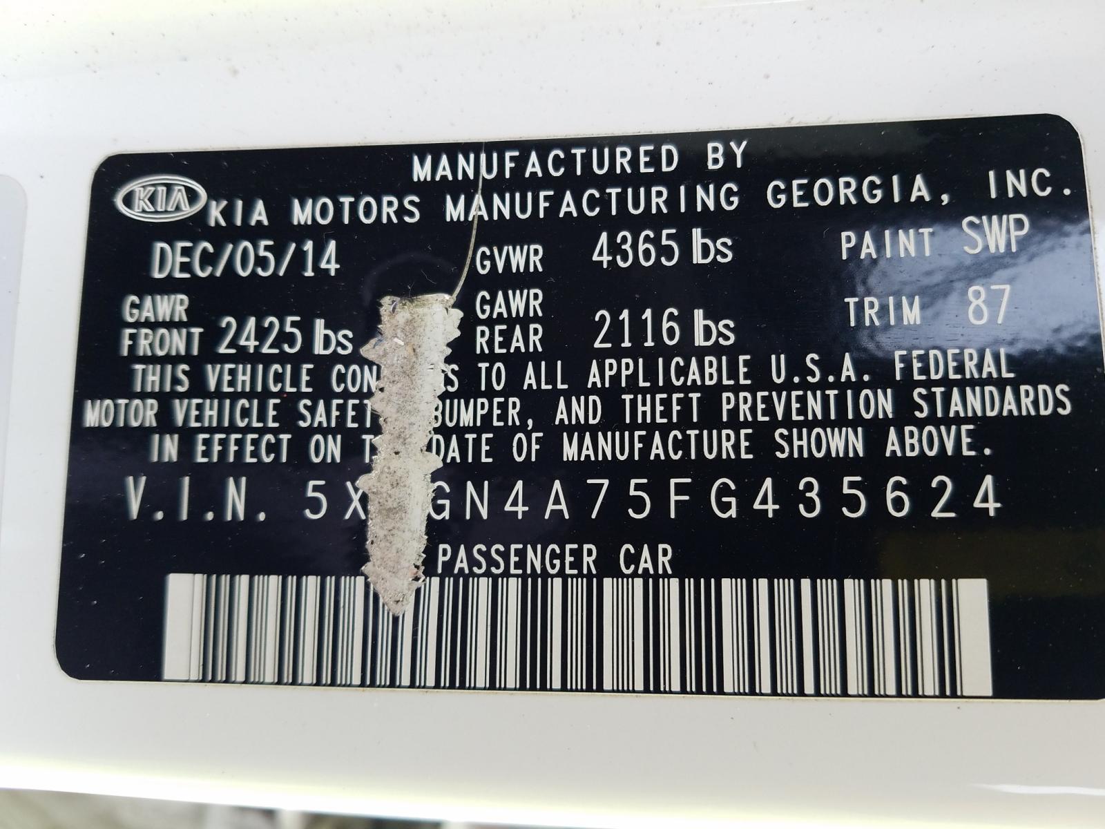 Photo 10 from auction – 2015 KIA OPTIMA with VIN 5XXGN4A75FG435624