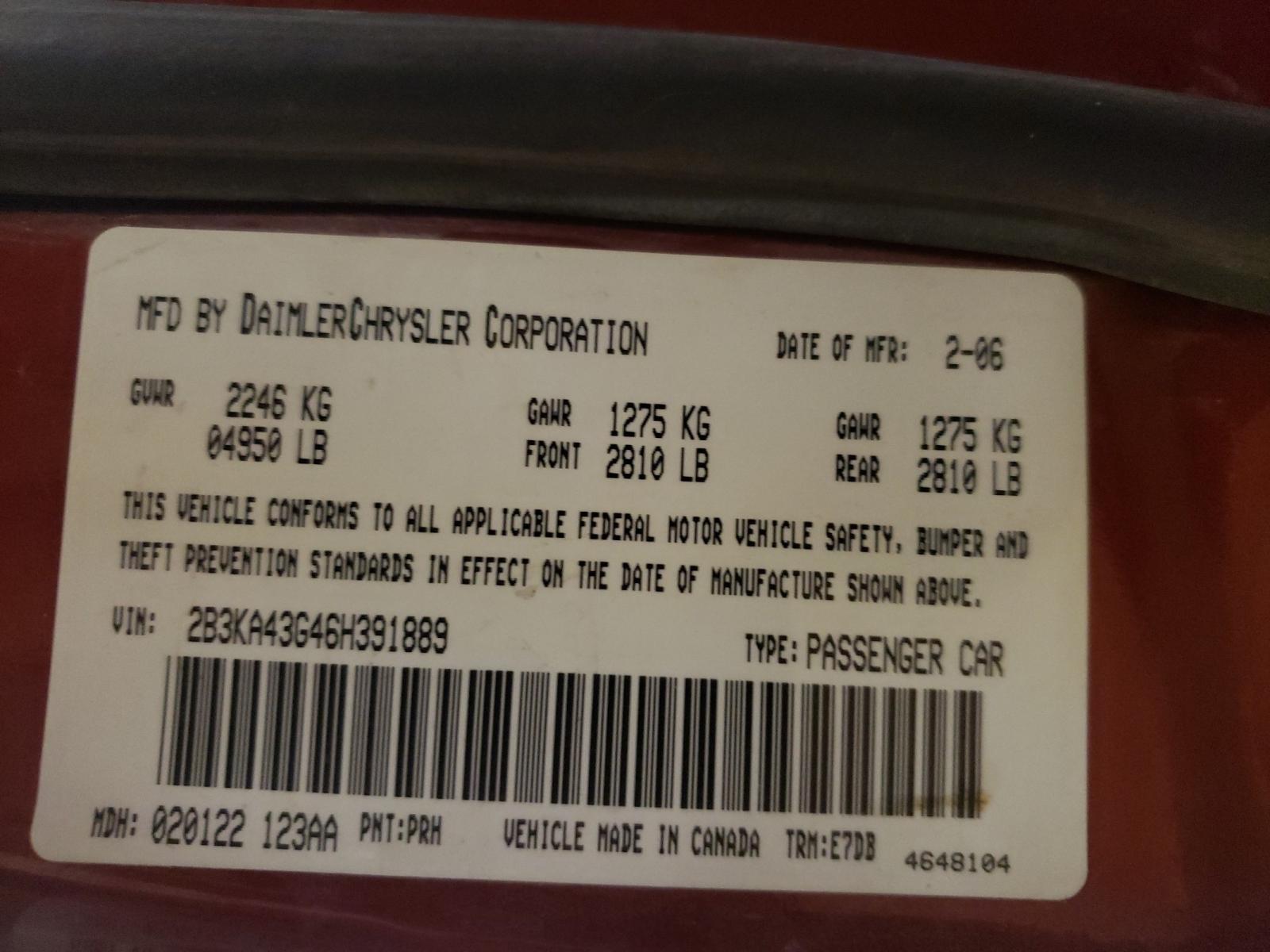 Photo 10 from auction – 2006 DODGE CHARGER SE with VIN 2B3KA43G46H391889