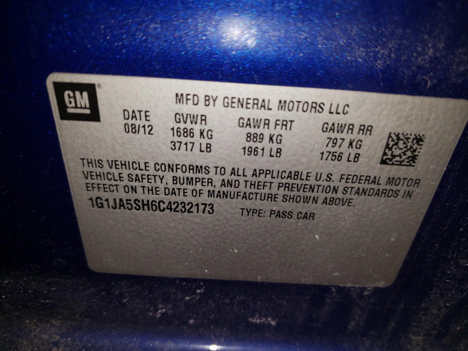 Photo 10 from auction – 2012 CHEVROLET SONIC LS with VIN 1G1JA5SH6C4232173