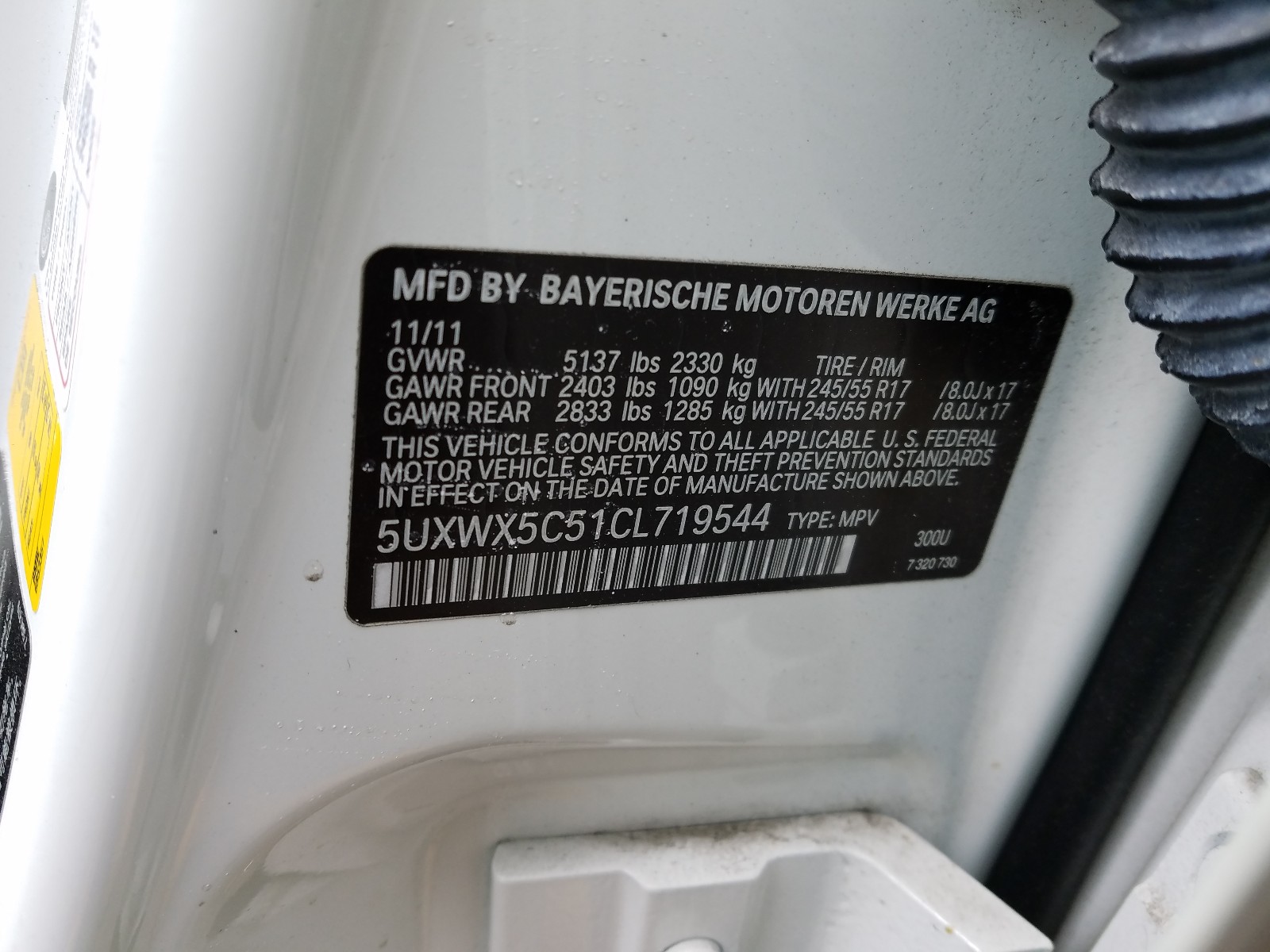 Photo 10 from auction – 2012 BMW X3 XDRIVE2 with VIN 5UXWX5C51CL719544