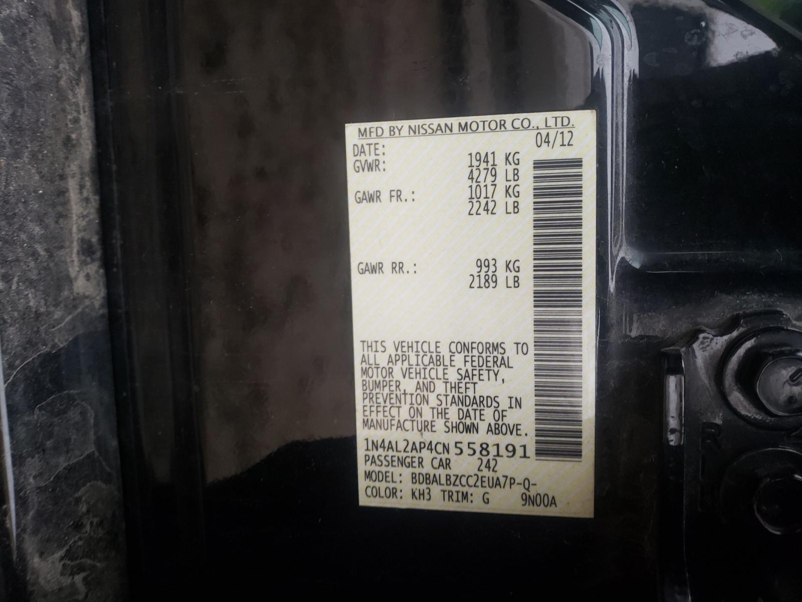 Photo 10 from auction – 2012 NISSAN ALTIMA with VIN 1N4AL2AP4CN558191