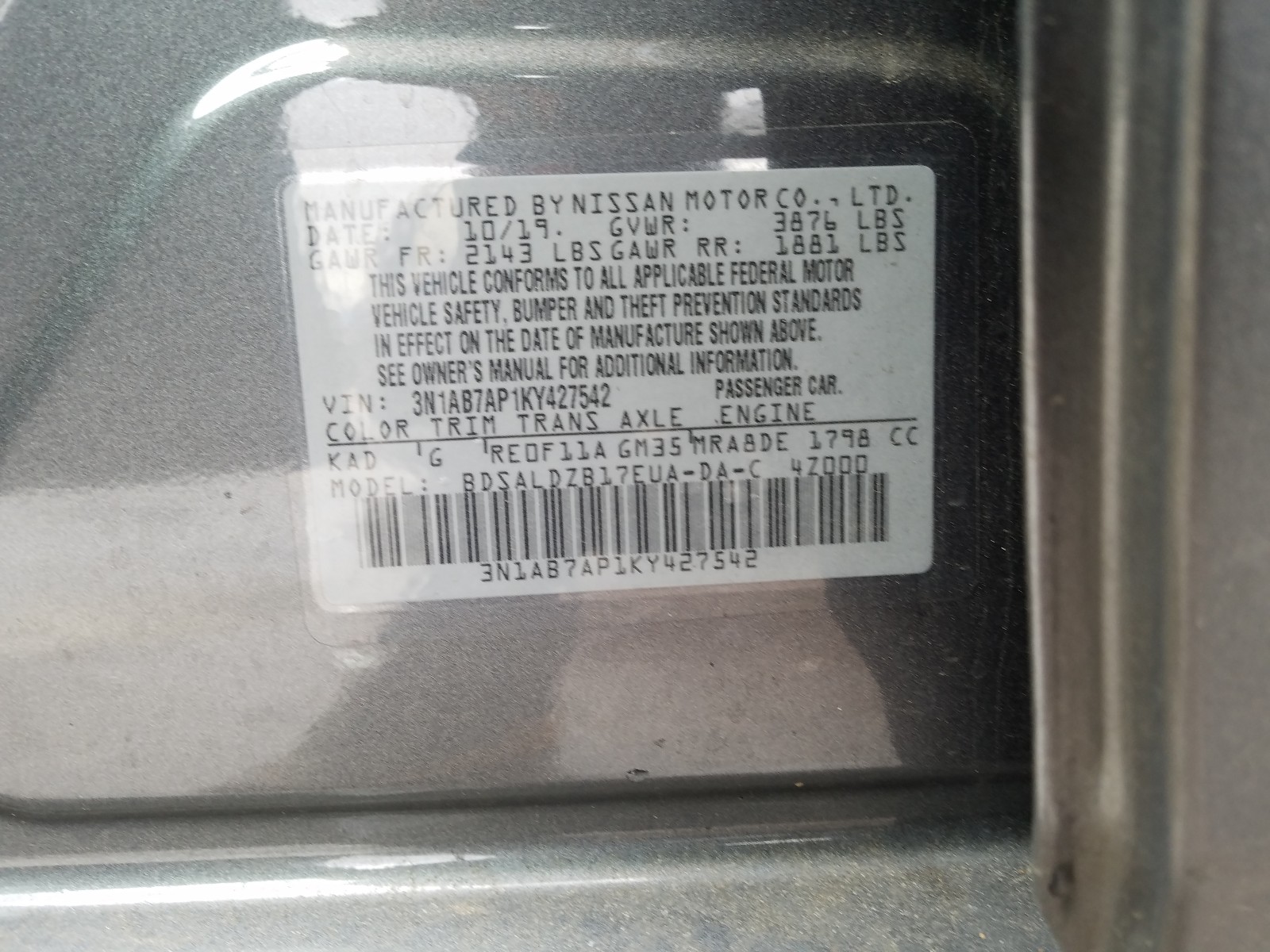Photo 10 from auction – 2019 NISSAN SENTRA S with VIN 3N1AB7AP1KY427542