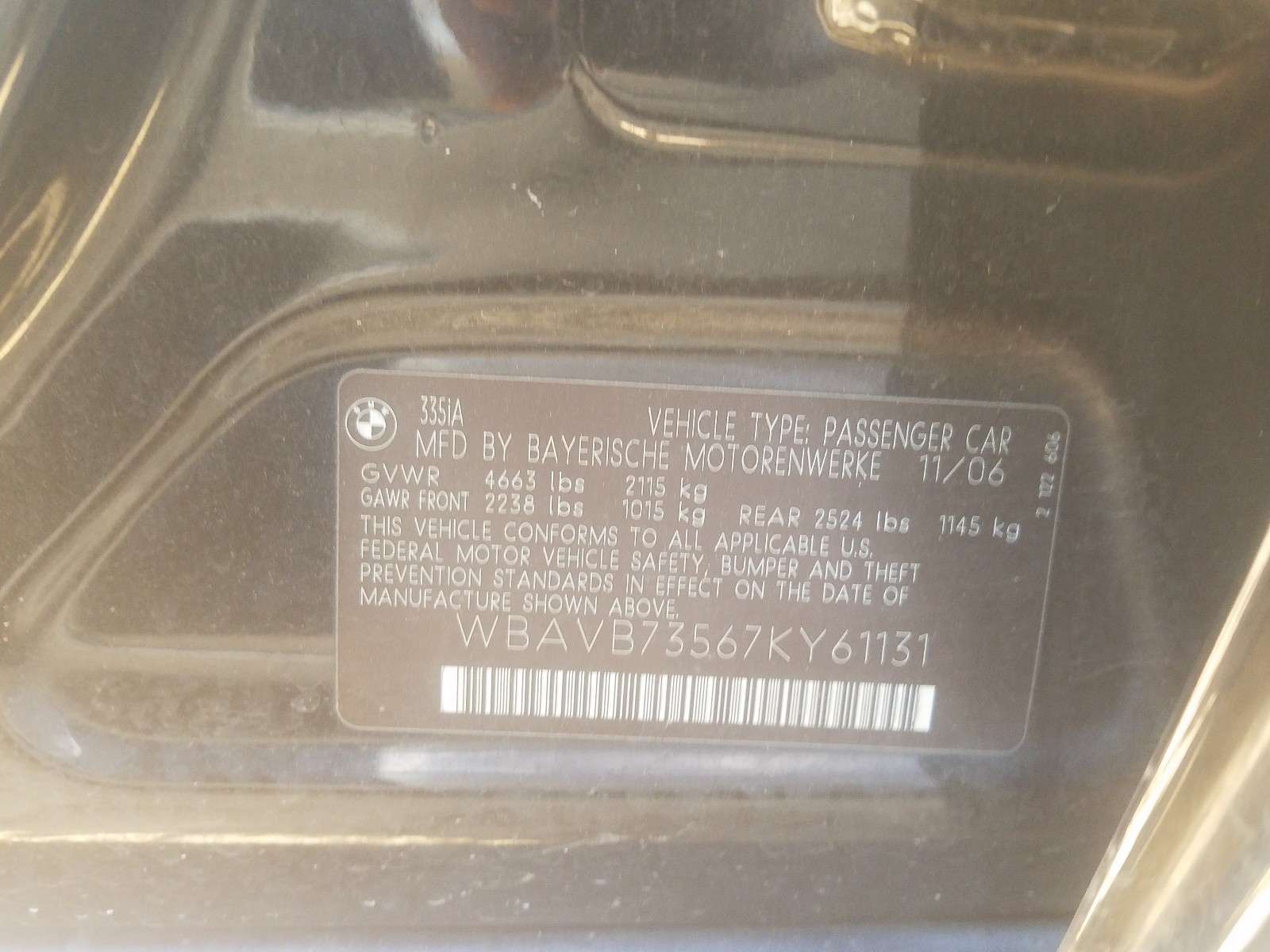 Photo 10 from auction – 2007 BMW 335 I with VIN WBAVB73567KY61131