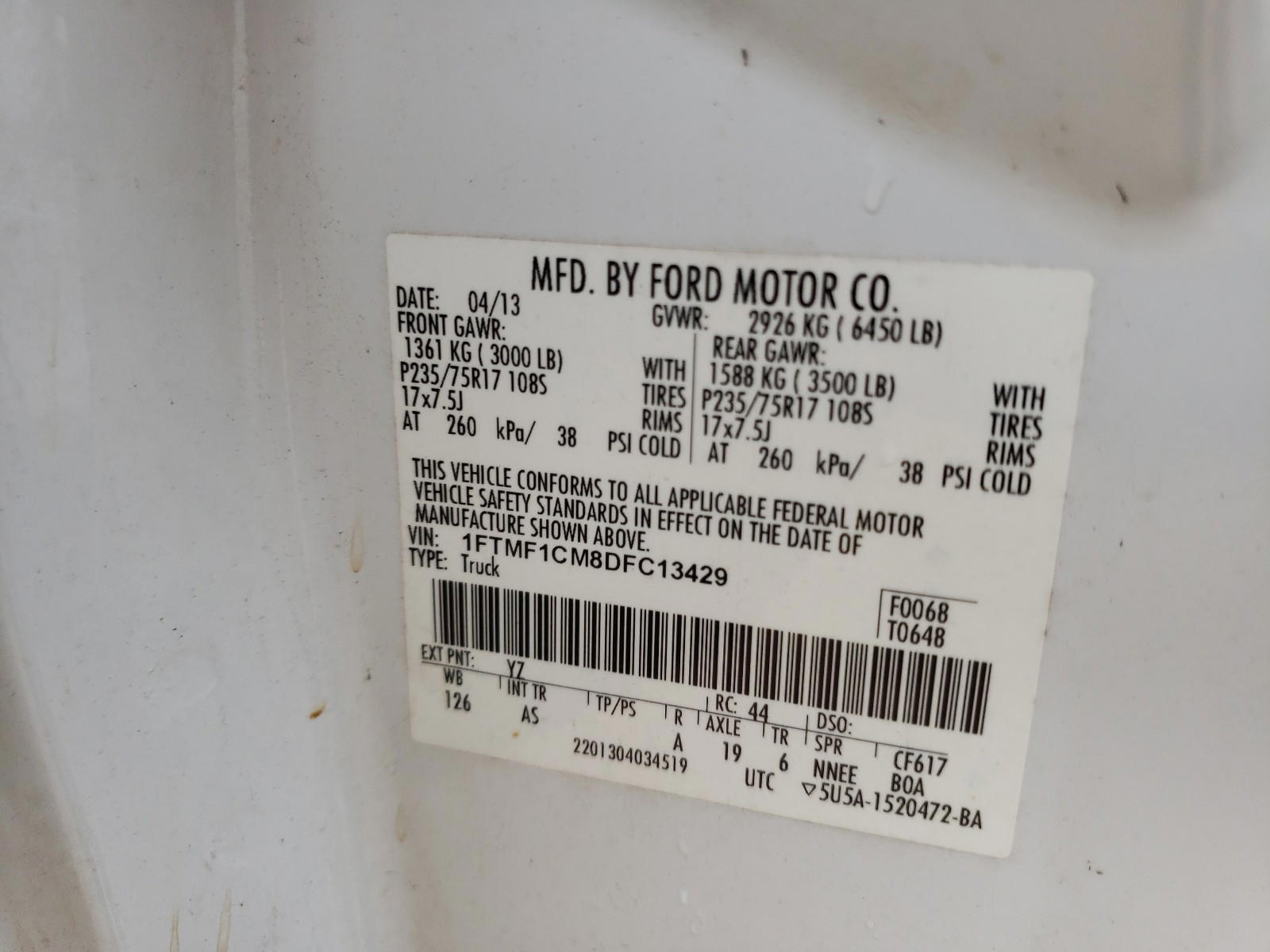Photo 10 from auction – 2013 FORD F150 with VIN 1FTMF1CM8DFC13429