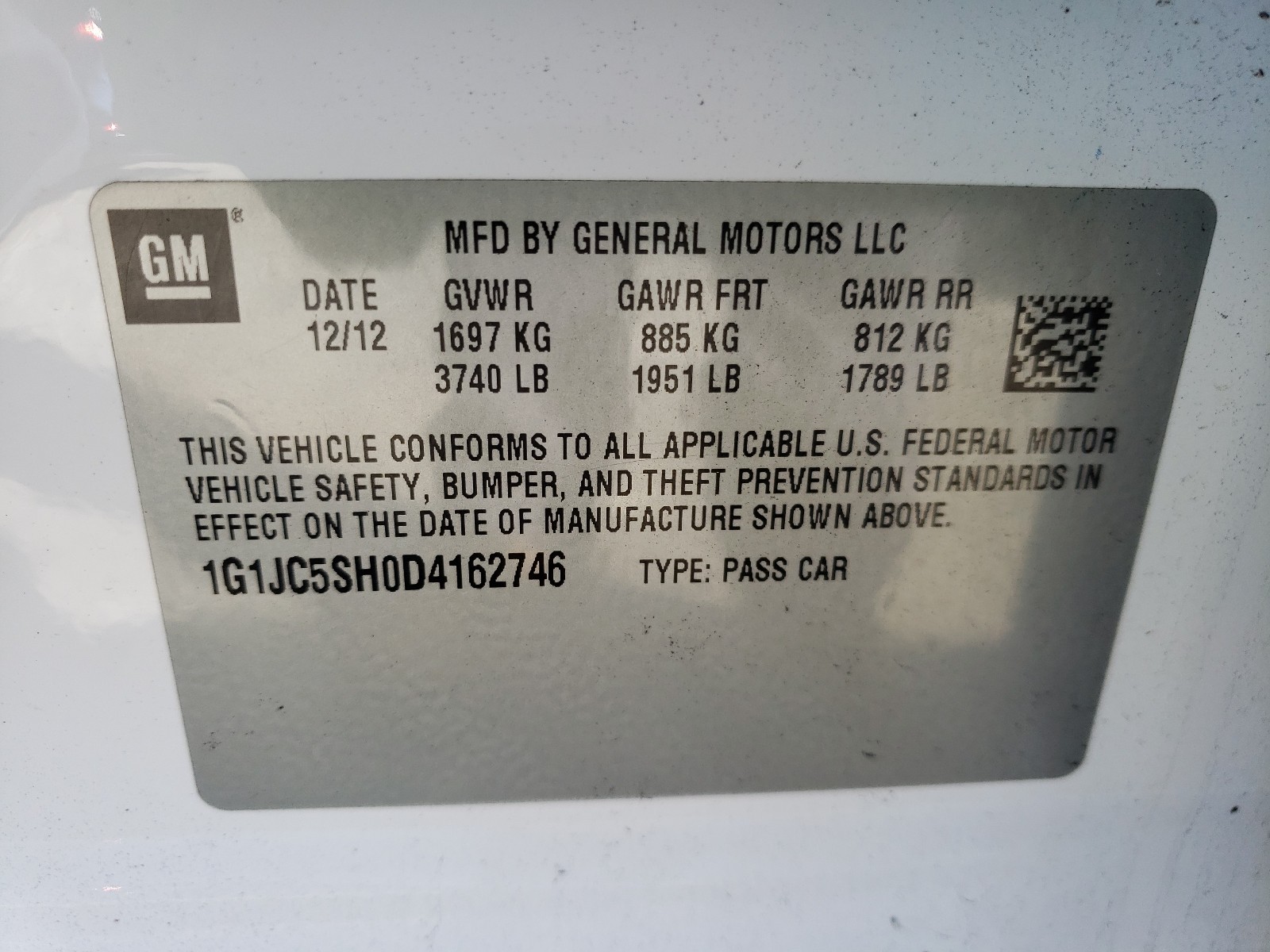 Photo 10 from auction – 2013 CHEVROLET SONIC LT with VIN 1G1JC5SH0D4162746